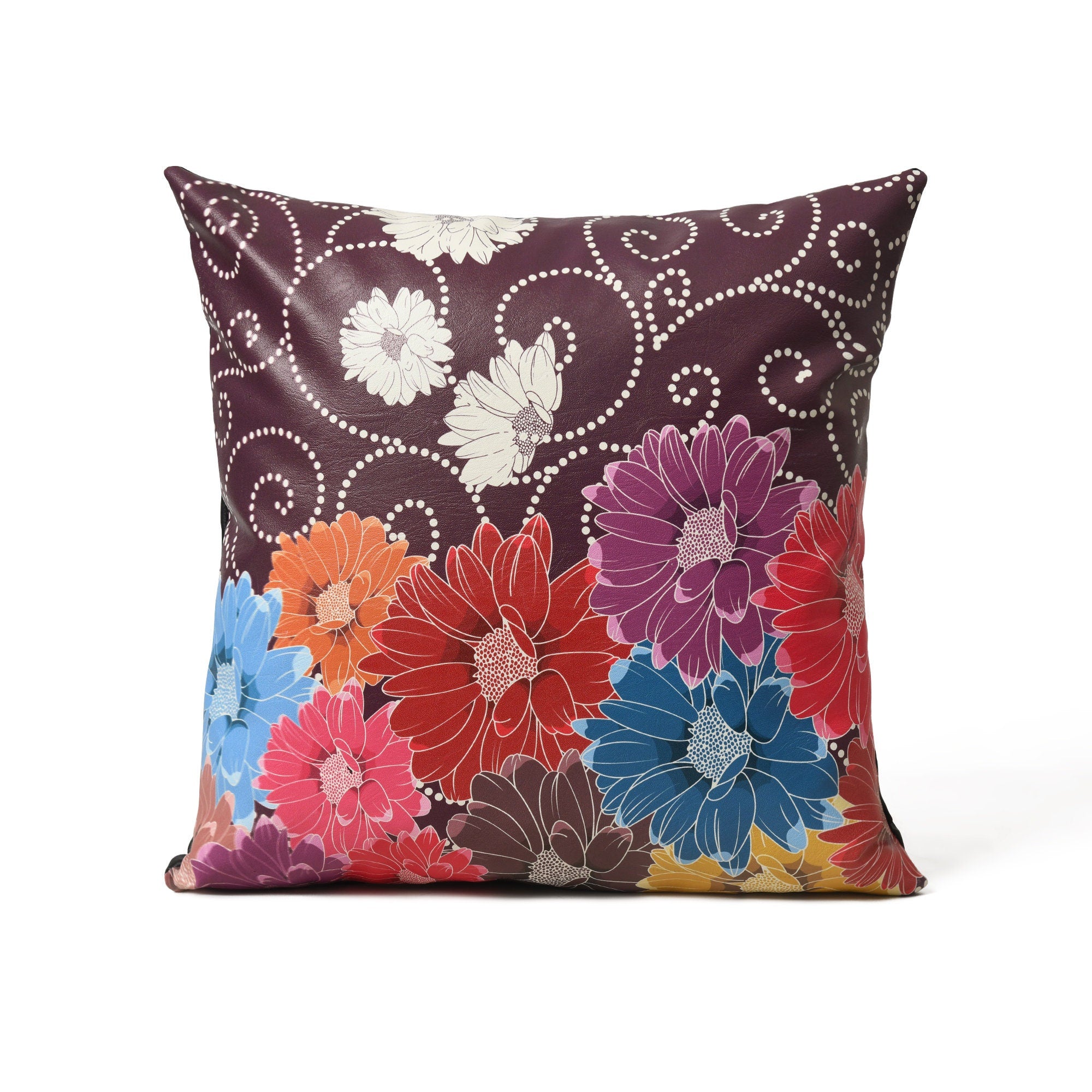 MOUSM Faux Leather Cushion Cover - 18x18 Inches Square Throw Pillowcase, Cushion Cover with Multi-Color Flower Print for Sofa, Couch, Bed, Office & Living Room Décor