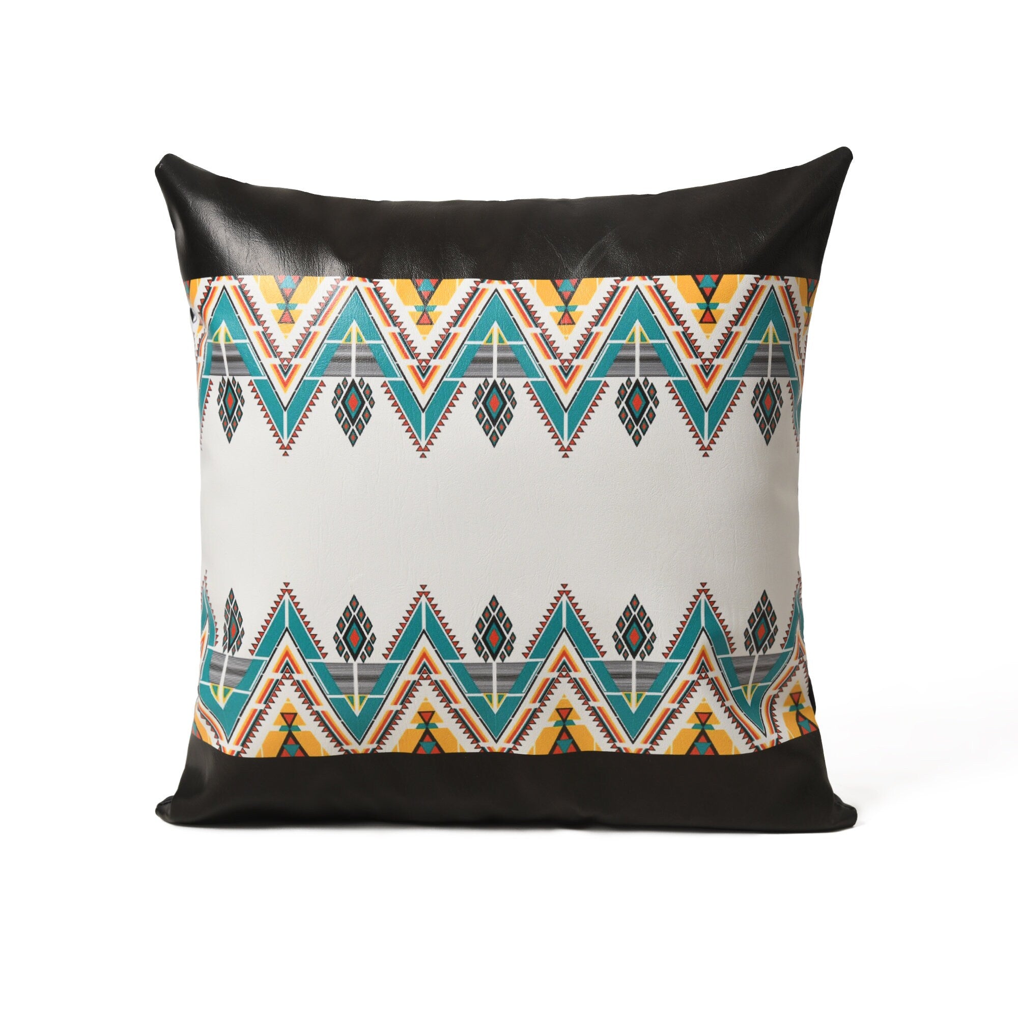 MOUSM Faux Leather Pillow Cover - 18x18 inches Square Throw Pillowcase, Cushion Cover with Southwestern Geometric Print for Sofa, Couch, Bed, Office & Living Room Décor