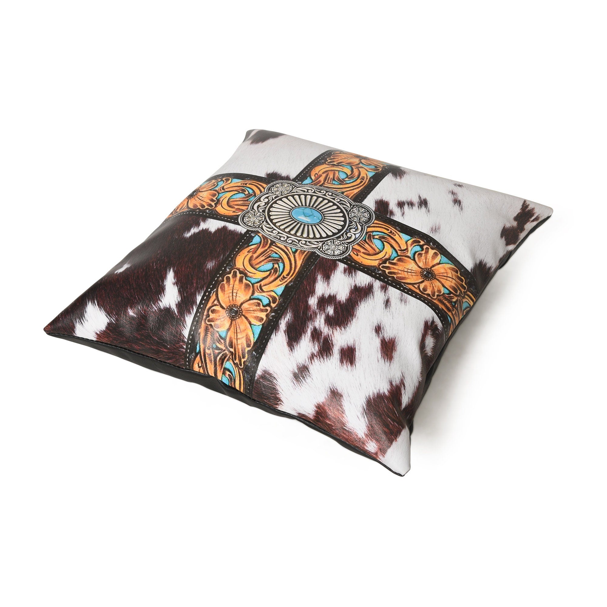 MOUSM Faux Leather Cushion Cover – 18x18 Inches Square Throw Pillowcase, Royal Western Cross and Cowhide Hair-On Print Decorative Cushion for Living Room, Bedroom, Sofa & Boho Gifting