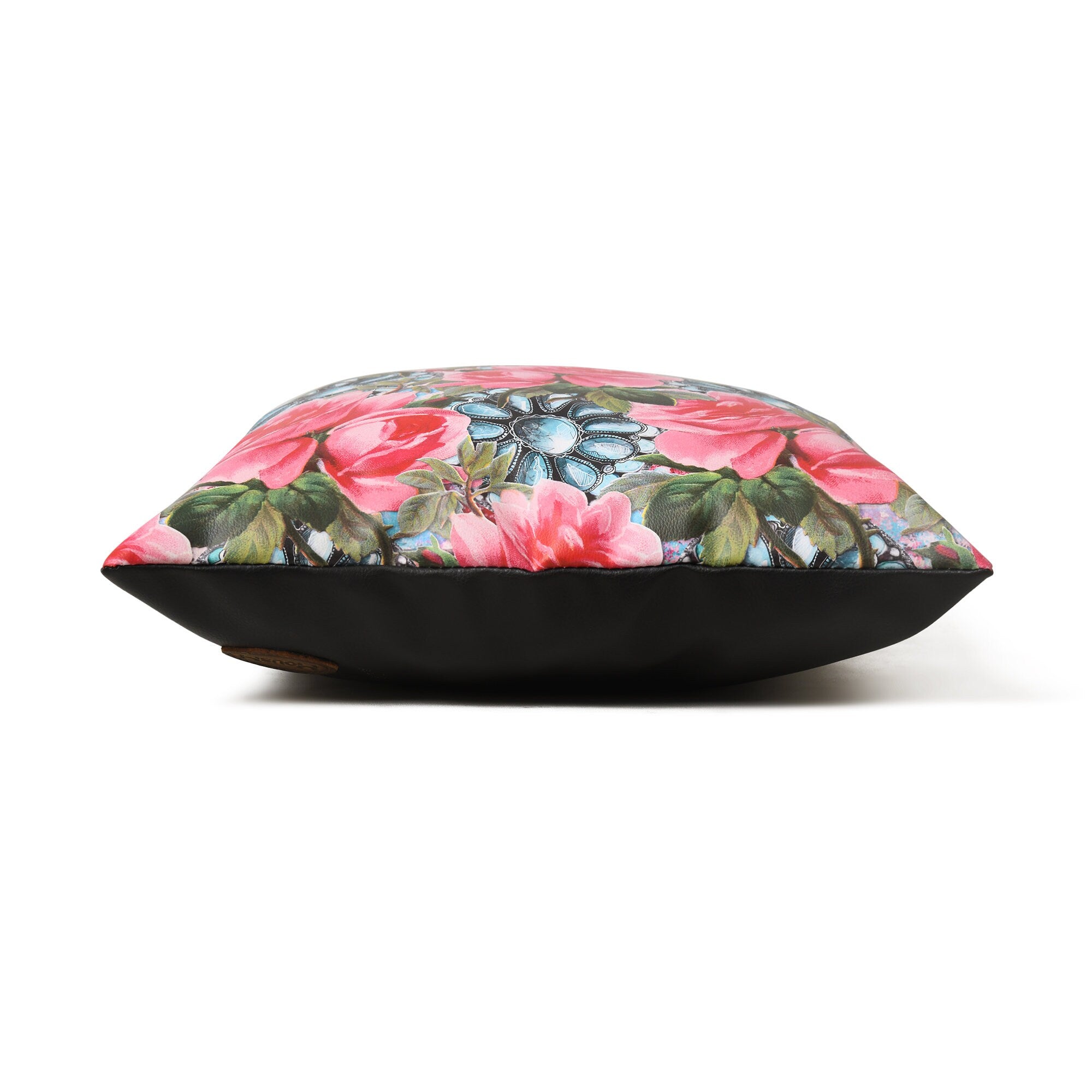 MOUSM Faux Leather Cushion Cover – 18x18 Inches Square Throw Pillowcase, Blooming Pink Roses with Green Leaves Print Decorative Pillow Cover for Sofa, Couch, Bedroom & Gifting