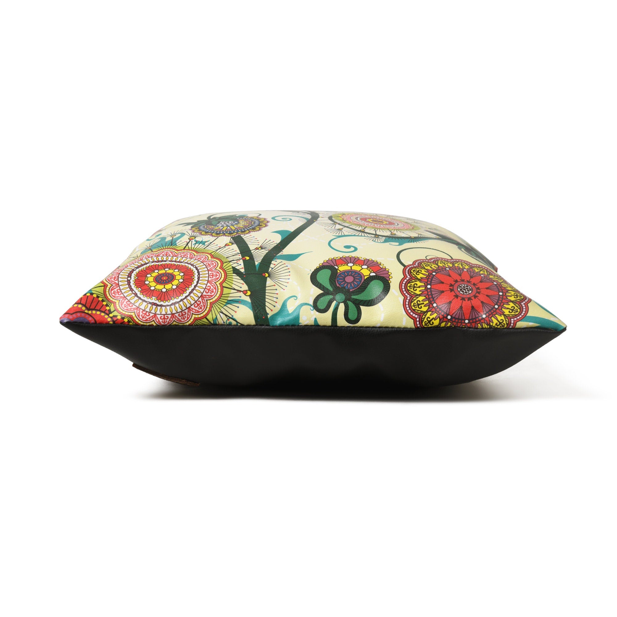 MOUSM Faux Leather Cushion Cover – 18x18 Inches Square Throw Pillowcase, Abstract Art with Mandala & Royal Buds Print Boho Decorative Pillow Cover for Sofa, Couch, Bedroom & Positive Vibes Décor