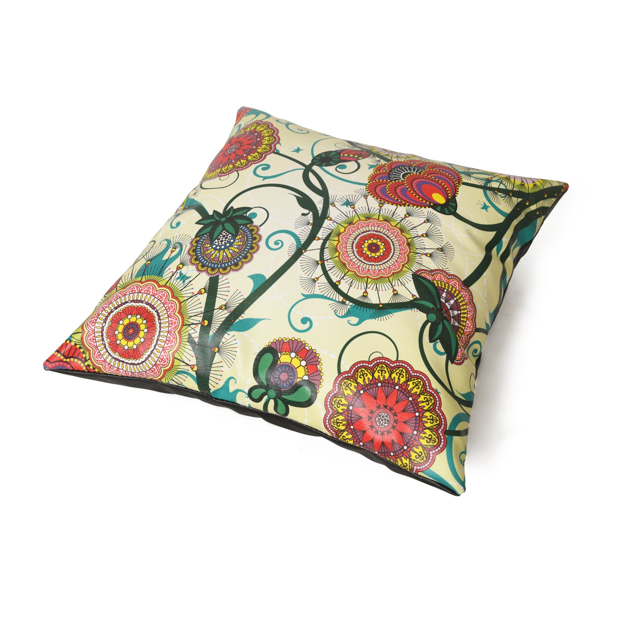 MOUSM Faux Leather Cushion Cover – 18x18 Inches Square Throw Pillowcase, Abstract Art with Mandala & Royal Buds Print Boho Decorative Pillow Cover for Sofa, Couch, Bedroom & Positive Vibes Décor