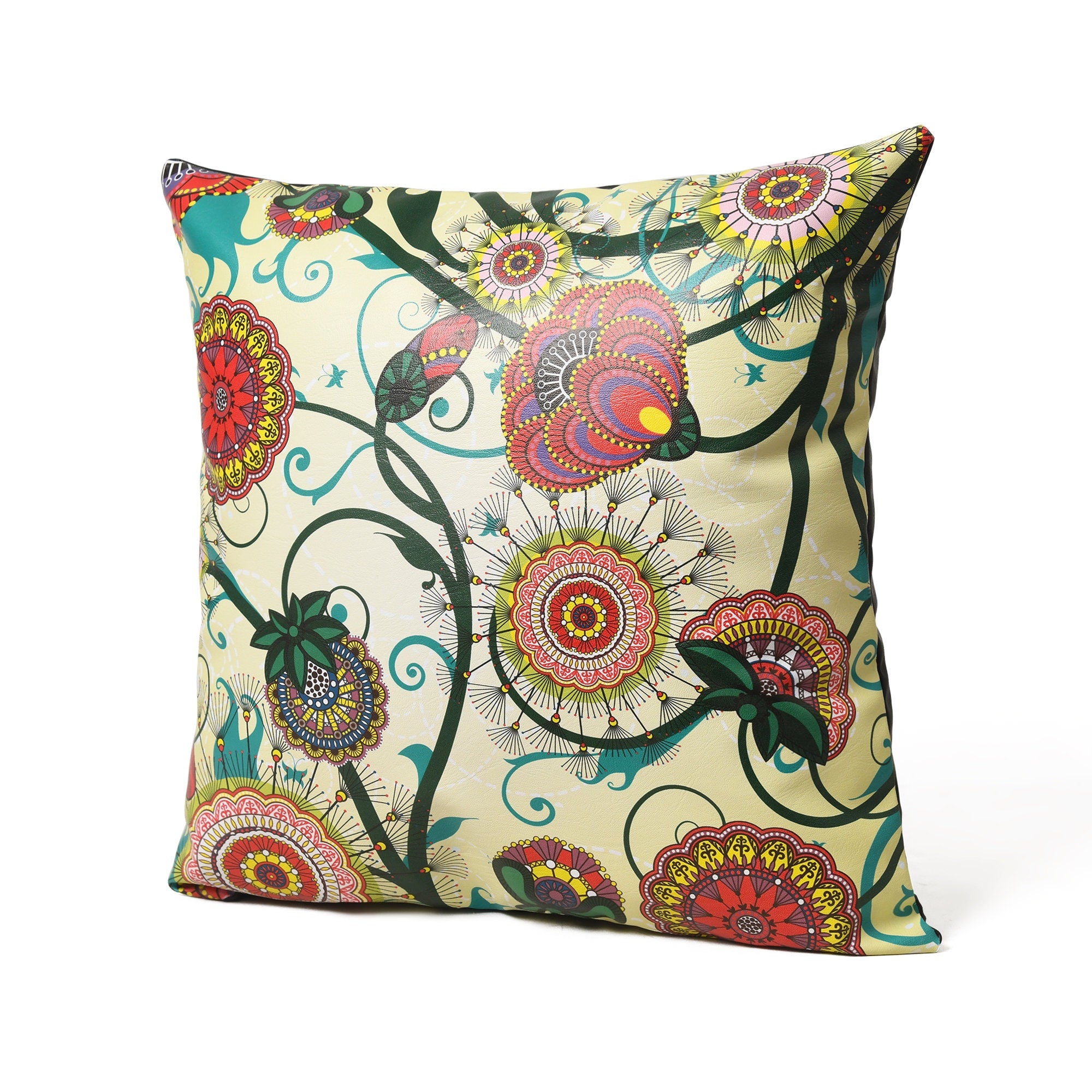 MOUSM Faux Leather Cushion Cover – 18x18 Inches Square Throw Pillowcase, Abstract Art with Mandala & Royal Buds Print Boho Decorative Pillow Cover for Sofa, Couch, Bedroom & Positive Vibes Décor