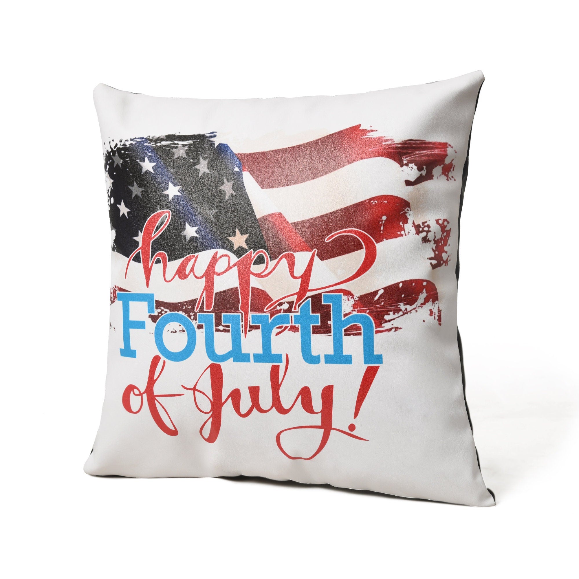 MOUSM Faux Leather Cushion Cover – 18x18 Inches Square Throw Pillowcase, Abstract American Flag Paintbrush Stripes Print Decorative Pillow Cover for Couch, Sofa, Bedroom & Patriotic Gifting