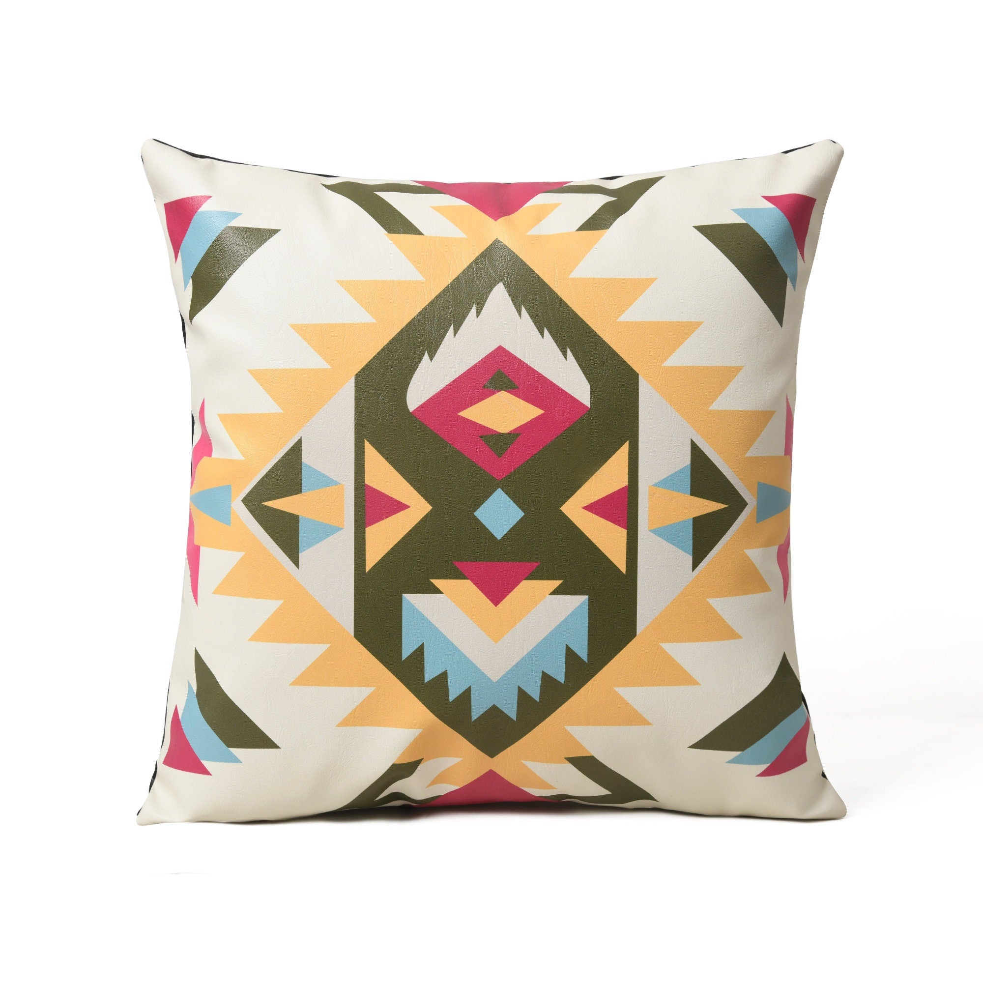 MOUSM Faux Leather Cushion Cover – 18x18 Inches Square Throw Pillowcase, Leather Royal Pendleton Fabric Print Rug Style Decorative Pillow Cover for Couch, Sofa, Bedroom & Gifting