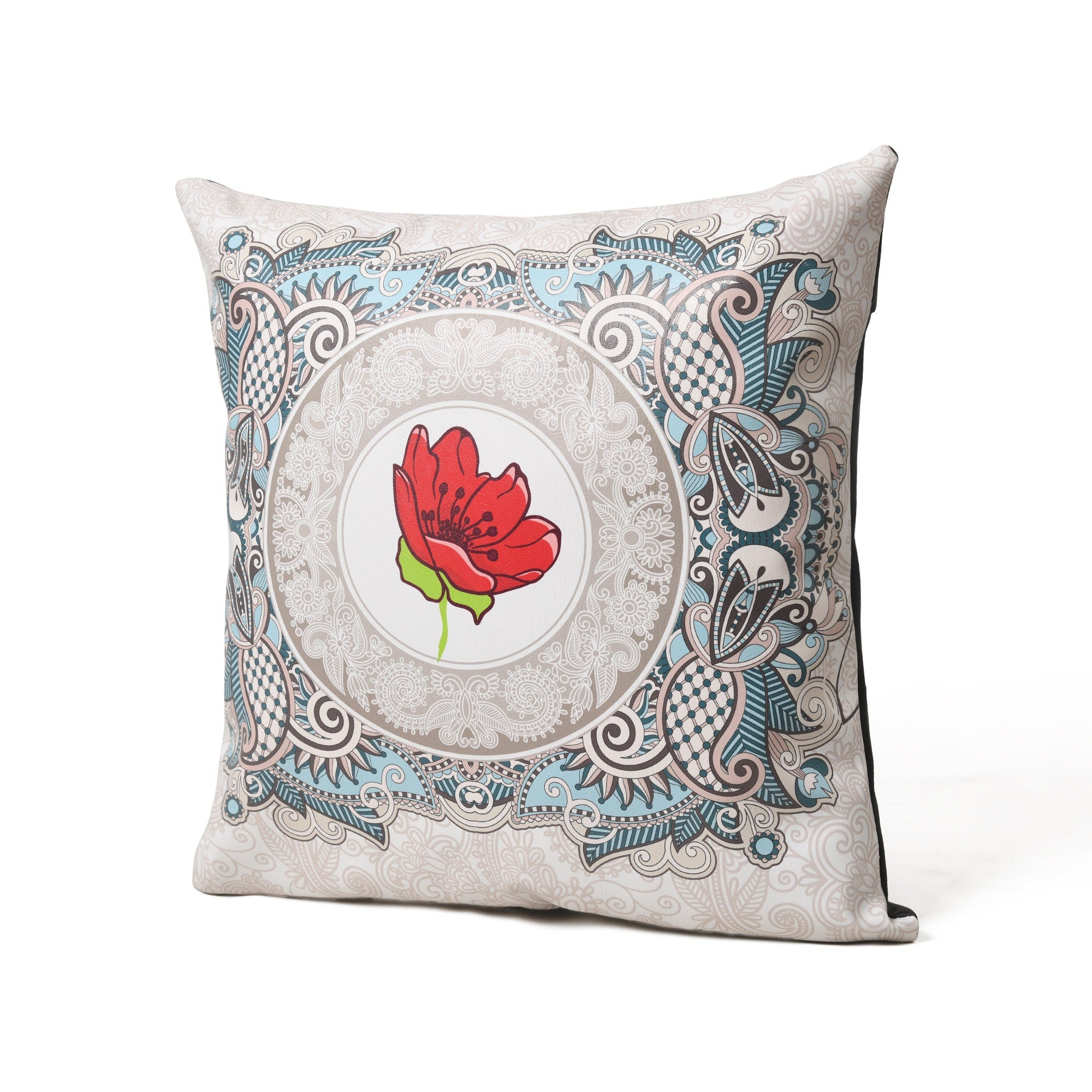 MOUSM Faux Leather Cushion Cover – 18x18 Inches Square Throw Pillowcase, Royal Red Luck Blossom Flower in Centre Print Decorative Pillow Cover for Sofa, Couch, Bed & Festive Gifting