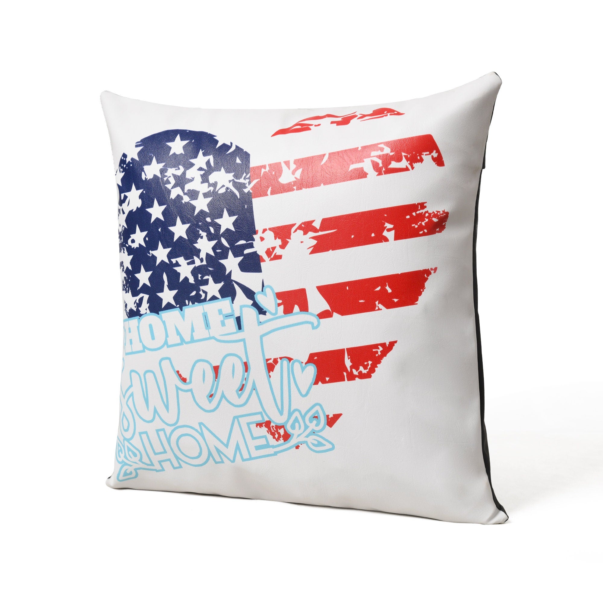 MOUSM Faux Leather Cushion Cover – 18x18 Inches Square Throw Pillowcase, Heart Shape American Flag & Home Sweet Home Print Decorative Pillow Cover for Couch, Sofa, Car, Home & 4th of July Celebration