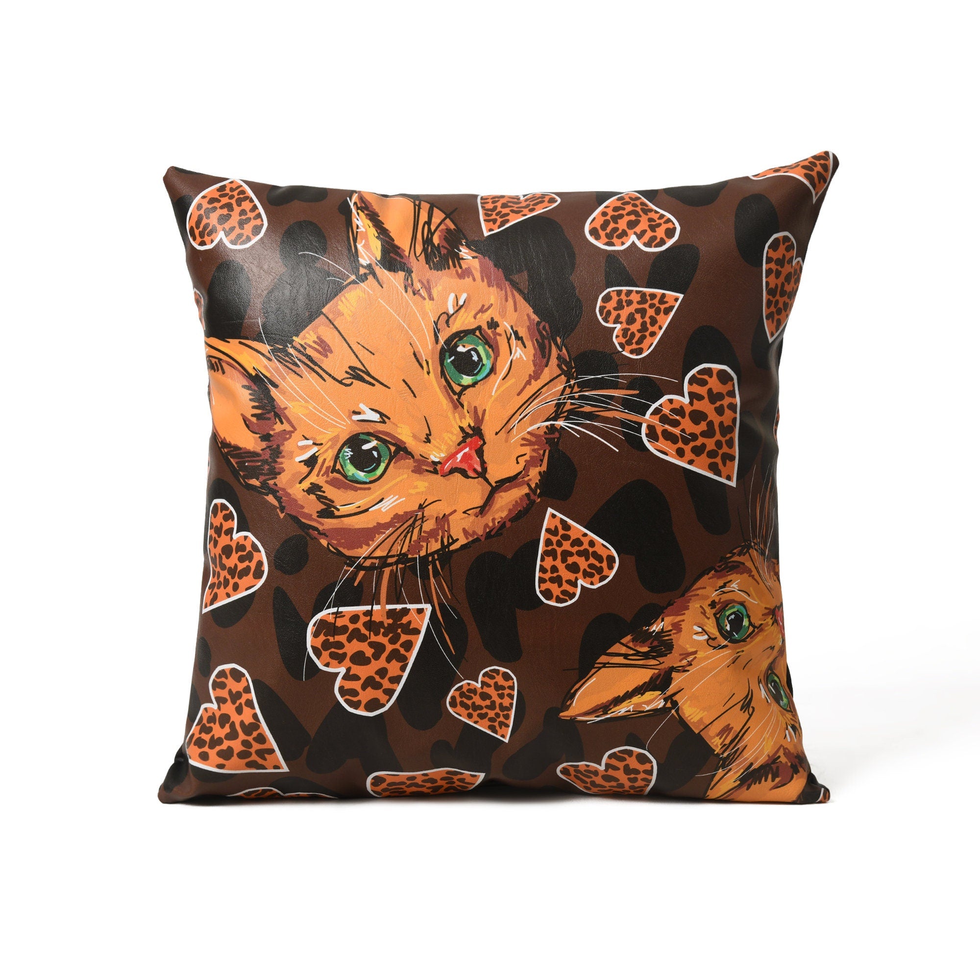 MOUSM Faux Leather Cushion Cover – 18x18 Inches Square Throw Pillowcase, Orange Abstract Cat & Heart Love Vibes Print Decorative Pillow Cover for Couch, Sofa, Pet Corners & Fall Gifting