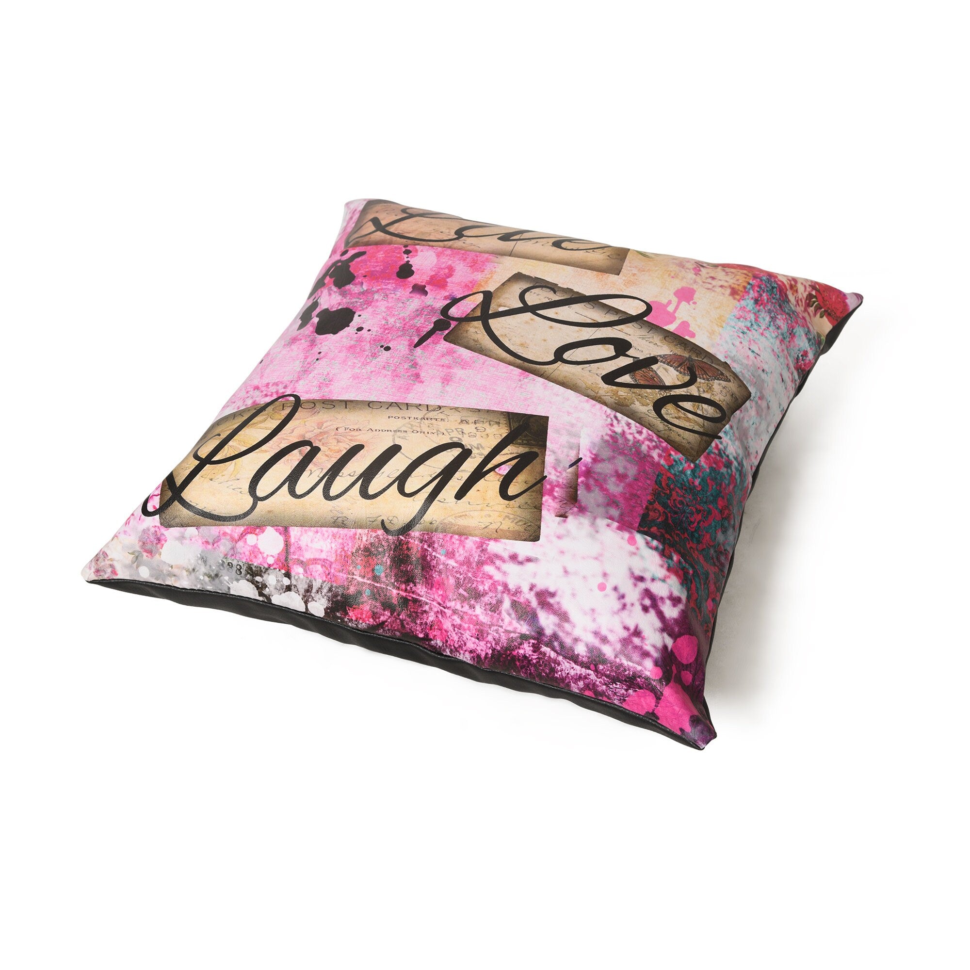 MOUSM Faux Leather Cushion Cover – 18x18 Inches Pink Live Laugh Love Print Square Throw Pillowcase, Decorative Cushion Cover for Wedding, Anniversary, Housewarming & Home Décor Gifting