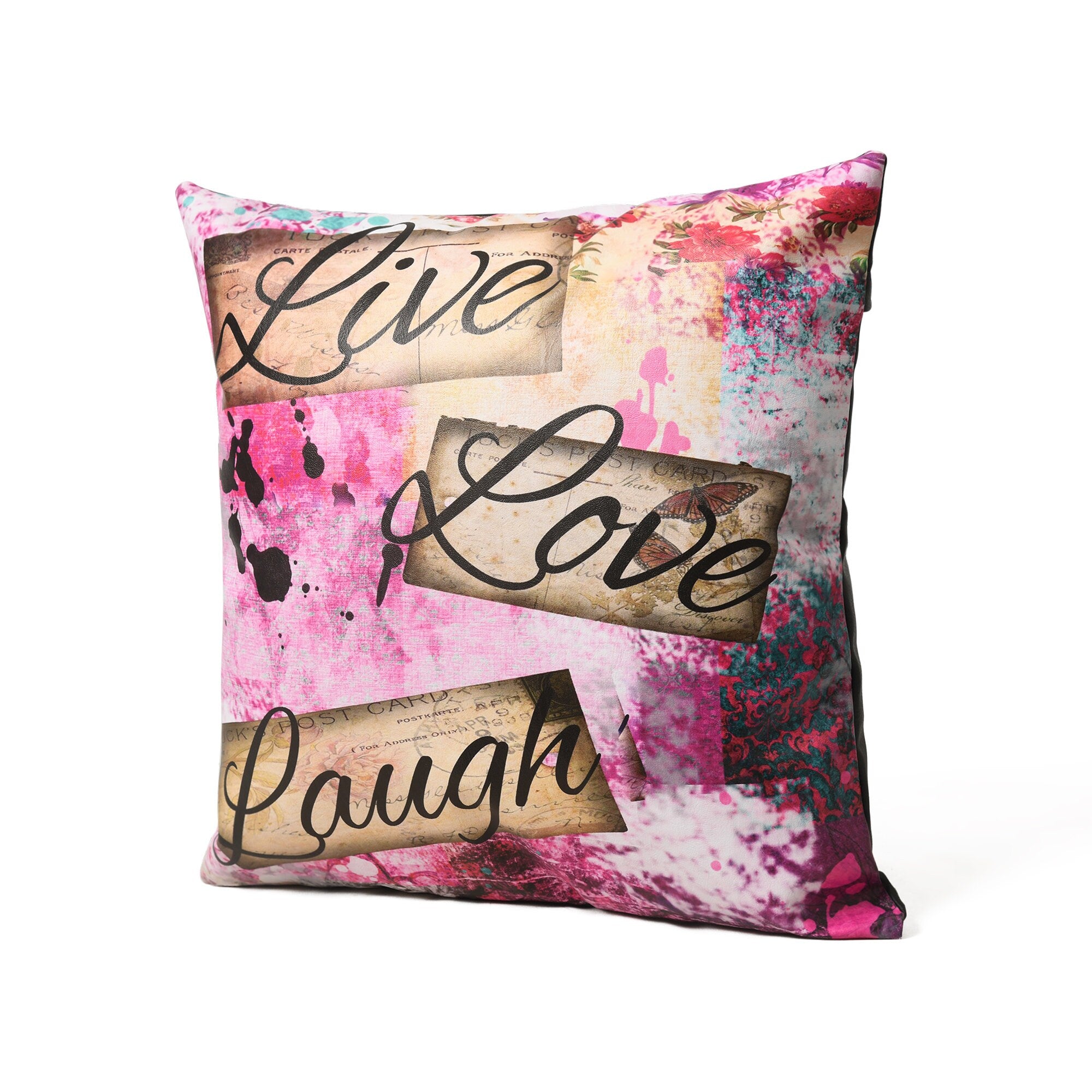MOUSM Faux Leather Cushion Cover – 18x18 Inches Pink Live Laugh Love Print Square Throw Pillowcase, Decorative Cushion Cover for Wedding, Anniversary, Housewarming & Home Décor Gifting