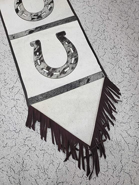 MOUSM Real Cow Hide Leather Table Runner - 72x12 Inches, Embroidered Rustic Farmhouse Table Centerpiece with Horse Shoe Cutout & Leather Black Fringe for Table Décor Wedding Dinner Party