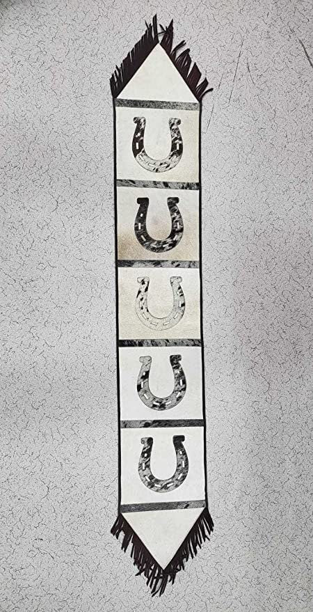 MOUSM Real Cow Hide Leather Table Runner - 72x12 Inches, Embroidered Rustic Farmhouse Table Centerpiece with Horse Shoe Cutout & Leather Black Fringe for Table Décor Wedding Dinner Party
