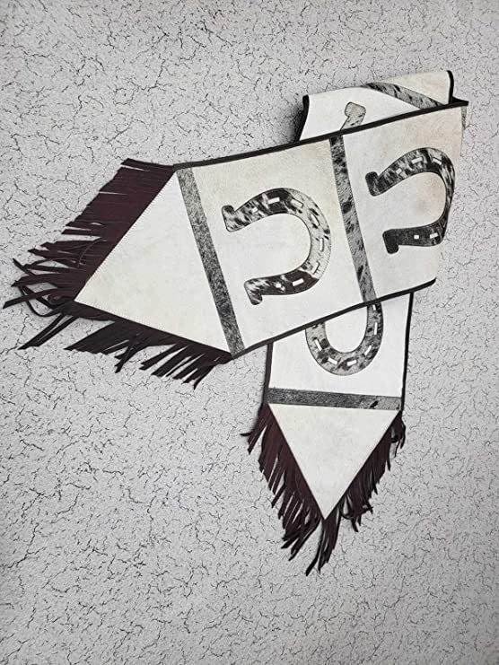MOUSM Real Cow Hide Leather Table Runner - 72x12 Inches, Embroidered Rustic Farmhouse Table Centerpiece with Horse Shoe Cutout & Leather Black Fringe for Table Décor Wedding Dinner Party