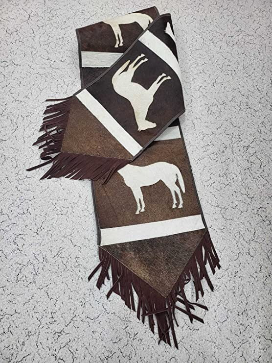 MOUSM Real Cow Hide Leather Table Runner - 72x12 inches, Rustic Farmhouse Table Centerpiece with Embroidered Horse Cutout Print and Brown Leather Fringes