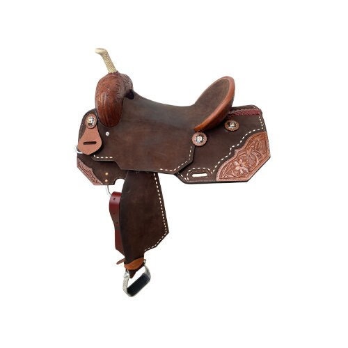 Western Saddle – Handcrafted Genuine Leather Barrel Saddle with Hand-Tooled Sunflower Corners, Built on Rawhide-Covered Fiber Tree with Fancy Conchos, Seat Size: 13"–17" Inches