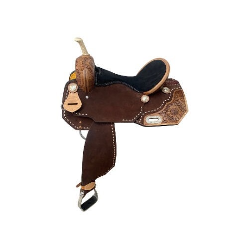MOUSM Western Saddle - Hand-Tooled Sunflower Single Barrel Saddle Built on Rawhide Covered Fiber Tree with Fancy Concho, Seat Size: 13"-17" Inches