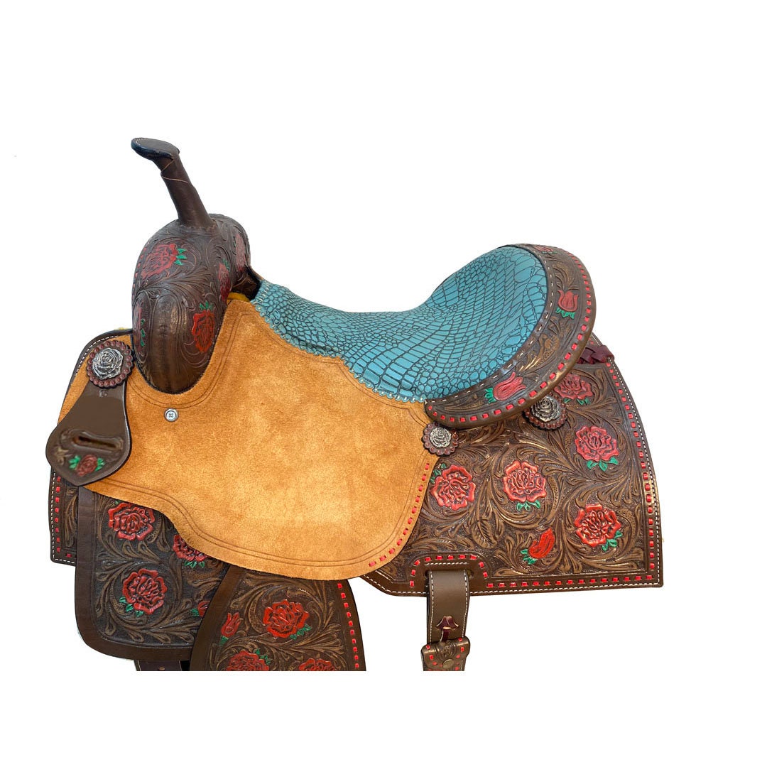 MOUSM Western Saddle - Handcrafted Barrel Saddle with Hand-Tooled Rose and Leaves Built on a Rawhide Covered Fiber Tree, Fancy Concho, Seat Size: 13"-17" Inches