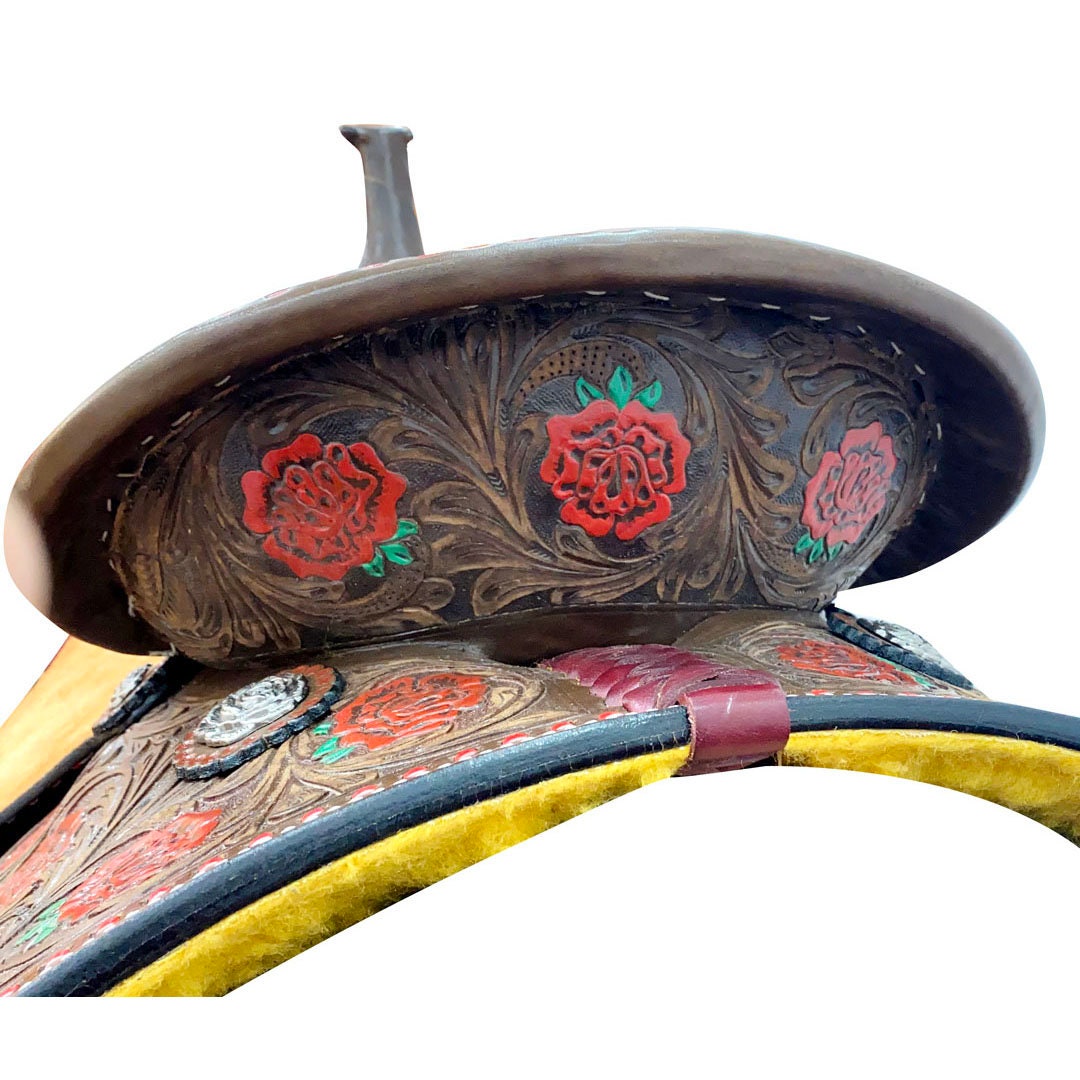 MOUSM Western Saddle - Handcrafted Barrel Saddle with Hand-Tooled Rose and Leaves Built on a Rawhide Covered Fiber Tree, Fancy Concho, Seat Size: 13"-17" Inches