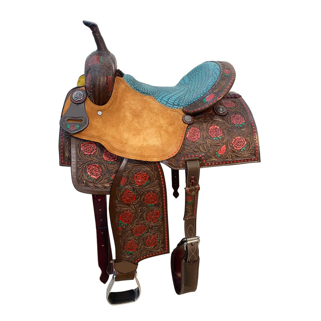 MOUSM Western Saddle - Handcrafted Barrel Saddle with Hand-Tooled Rose and Leaves Built on a Rawhide Covered Fiber Tree, Fancy Concho, Seat Size: 13"-17" Inches