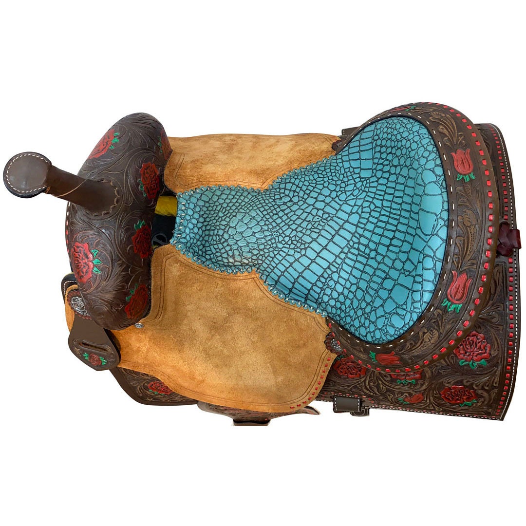 MOUSM Western Saddle - Handcrafted Barrel Saddle with Hand-Tooled Rose and Leaves Built on a Rawhide Covered Fiber Tree, Fancy Concho, Seat Size: 13"-17" Inches