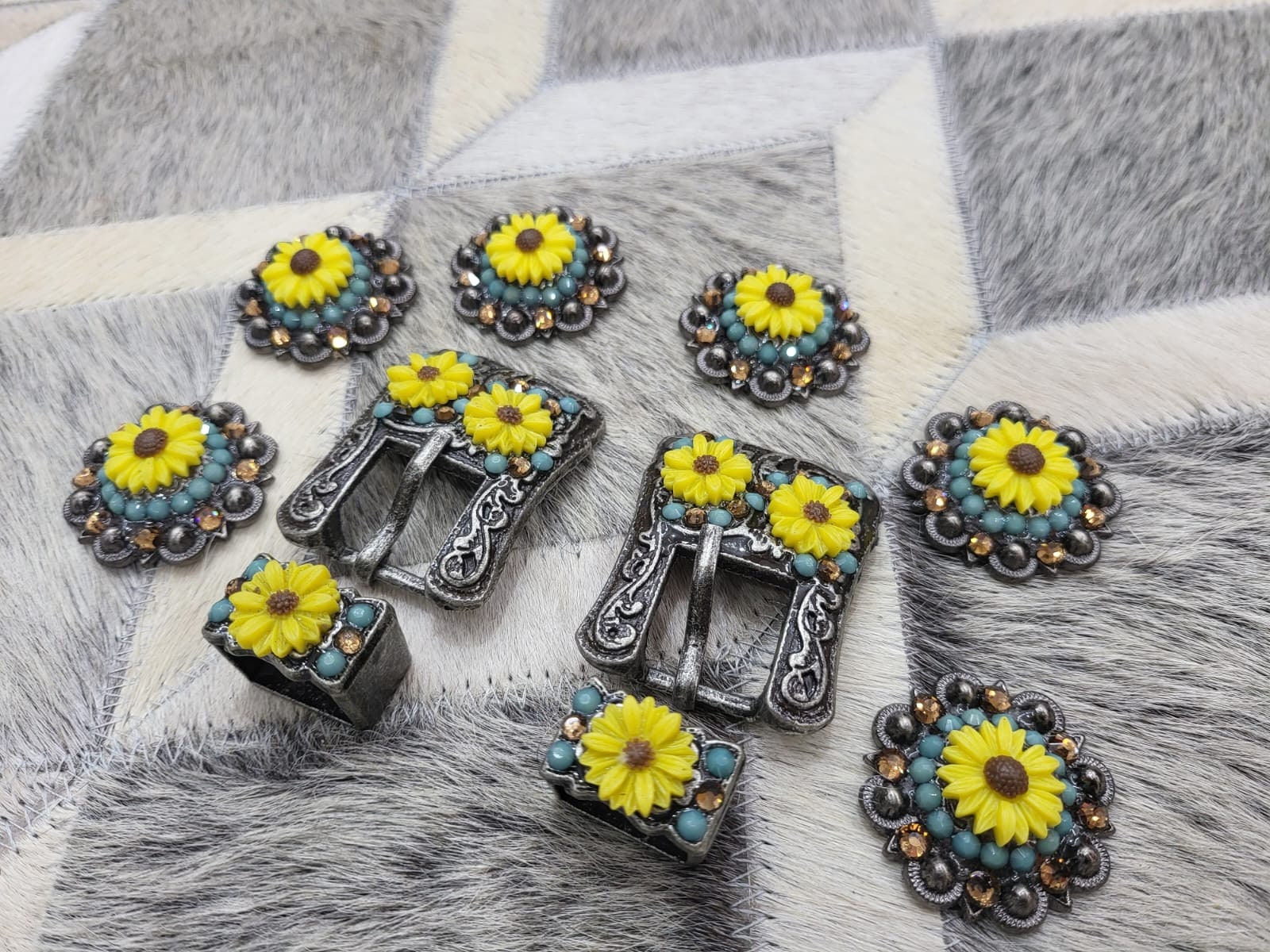 Handmade Mandala Design Pattern Yellow Topaz and Blue Turquoise Stone Floral Designer Studs Collection, Antique Conchos For Saddle Set