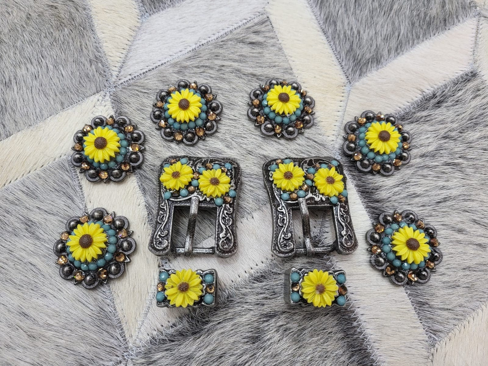 Handmade Mandala Design Pattern Yellow Topaz and Blue Turquoise Stone Floral Designer Studs Collection, Antique Conchos For Saddle Set