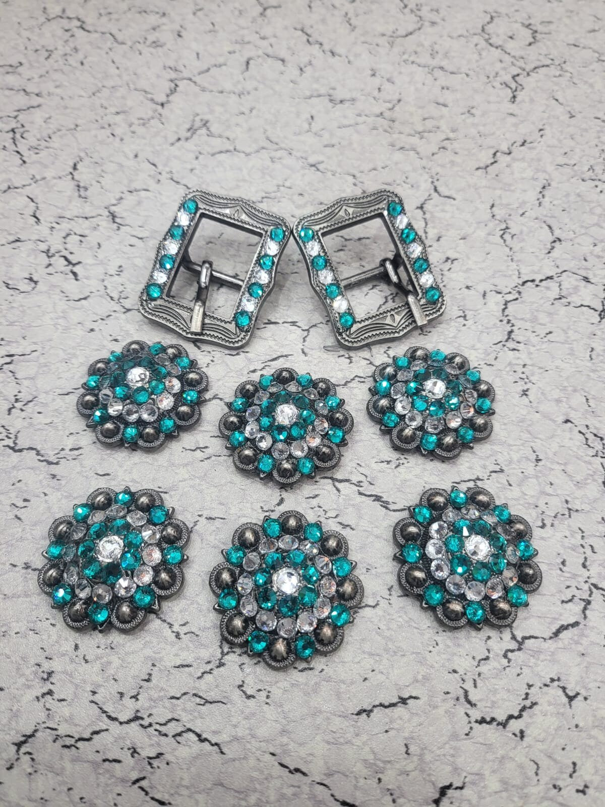 Horse Saddle Conchos with Turquoise green with White Stones, Clear Lime Green Stones, Purple Stones, Zircon Teal Horse Tack, Antique Conchos