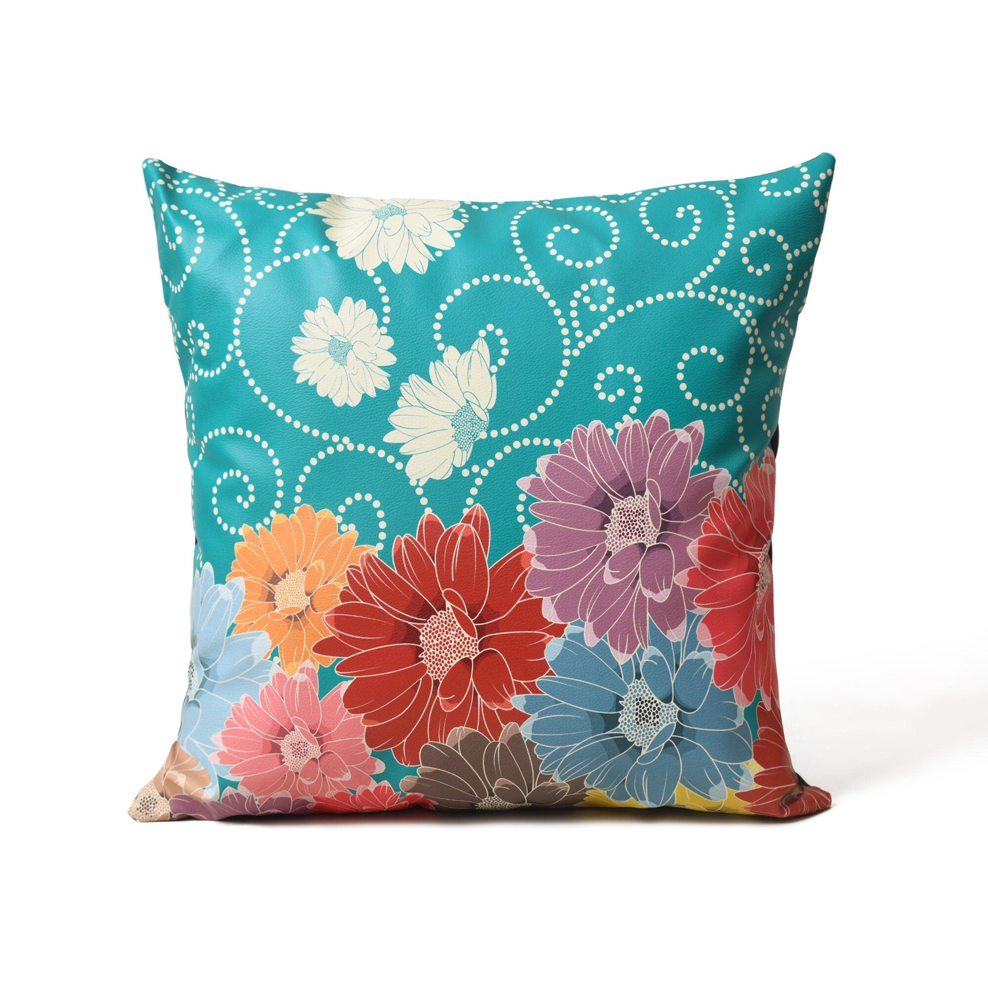 MOUSM Faux Leather Cushion Cover – 18x18 Inches Beautiful Blossom Multi Floral Print Summer Pillow Case – Handmade Decorative Accent Throw Pillow Cover for Sofa, Couch, Living Room & Bedroom – Positive Vibes Home Décor