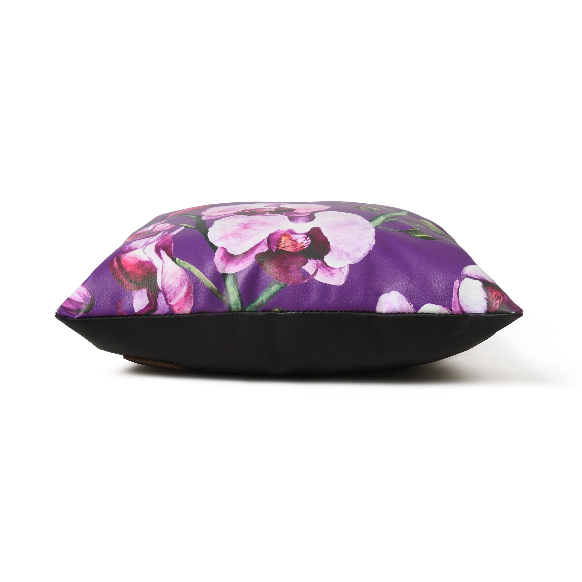 MOUSM Faux Leather Cushion Cover – 18x18 Inches Decorative Purple Floral Print with Lavender Orchids – Square Accent Pillow Case for Living Room, Bedroom, Sofa & Couch – Elegant Luxury Look