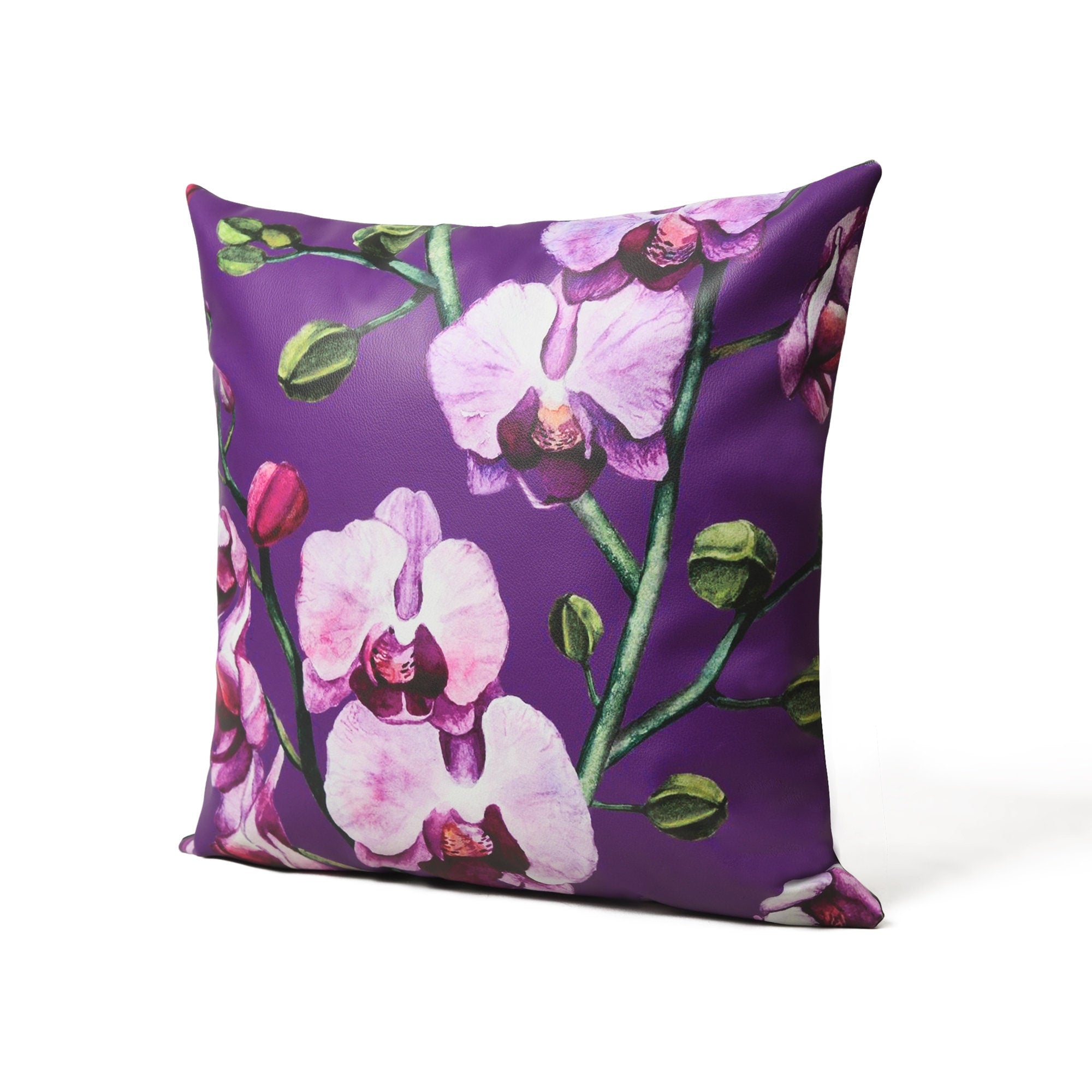 MOUSM Faux Leather Cushion Cover – 18x18 Inches Decorative Purple Floral Print with Lavender Orchids – Square Accent Pillow Case for Living Room, Bedroom, Sofa & Couch – Elegant Luxury Look
