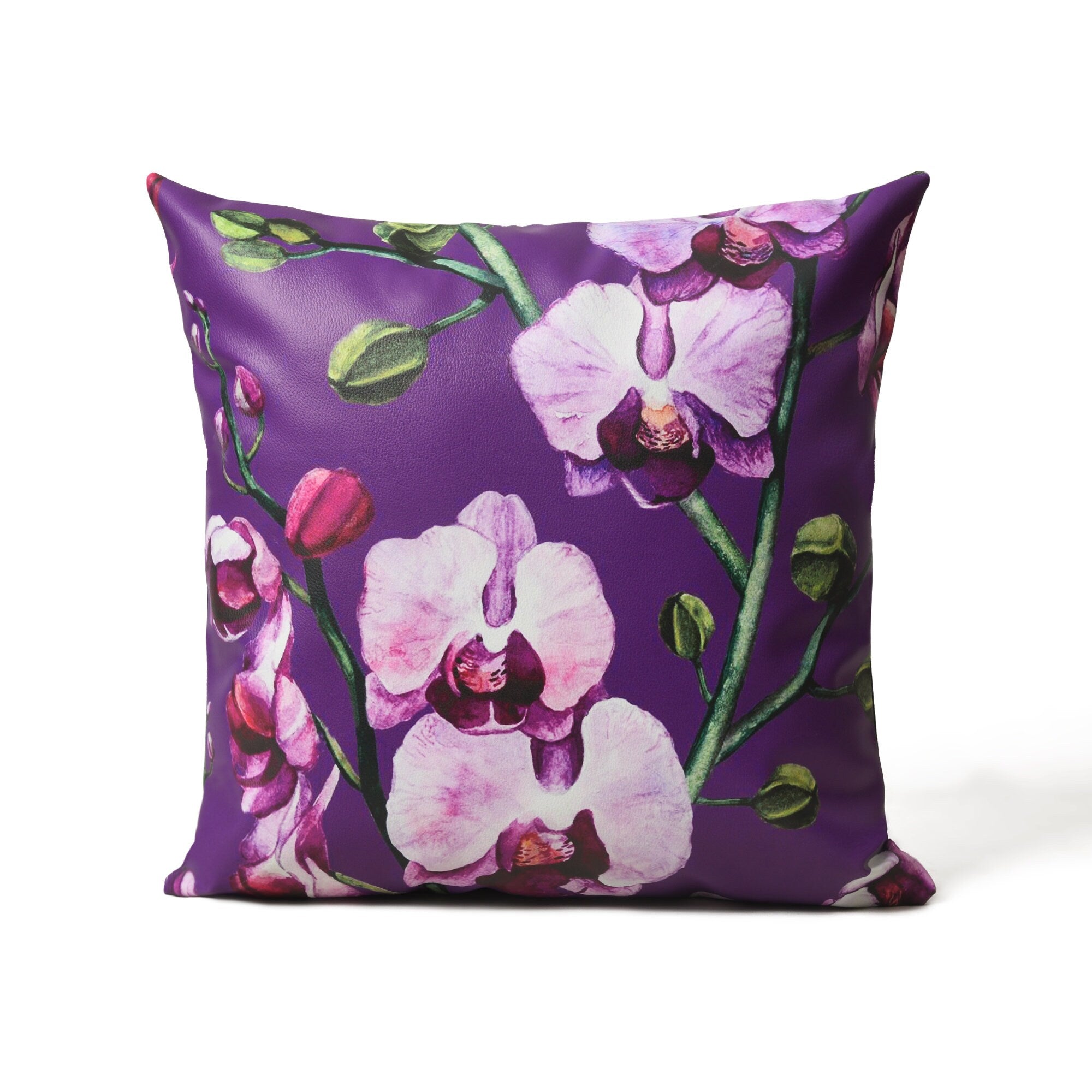 MOUSM Faux Leather Cushion Cover – 18x18 Inches Decorative Purple Floral Print with Lavender Orchids – Square Accent Pillow Case for Living Room, Bedroom, Sofa & Couch – Elegant Luxury Look