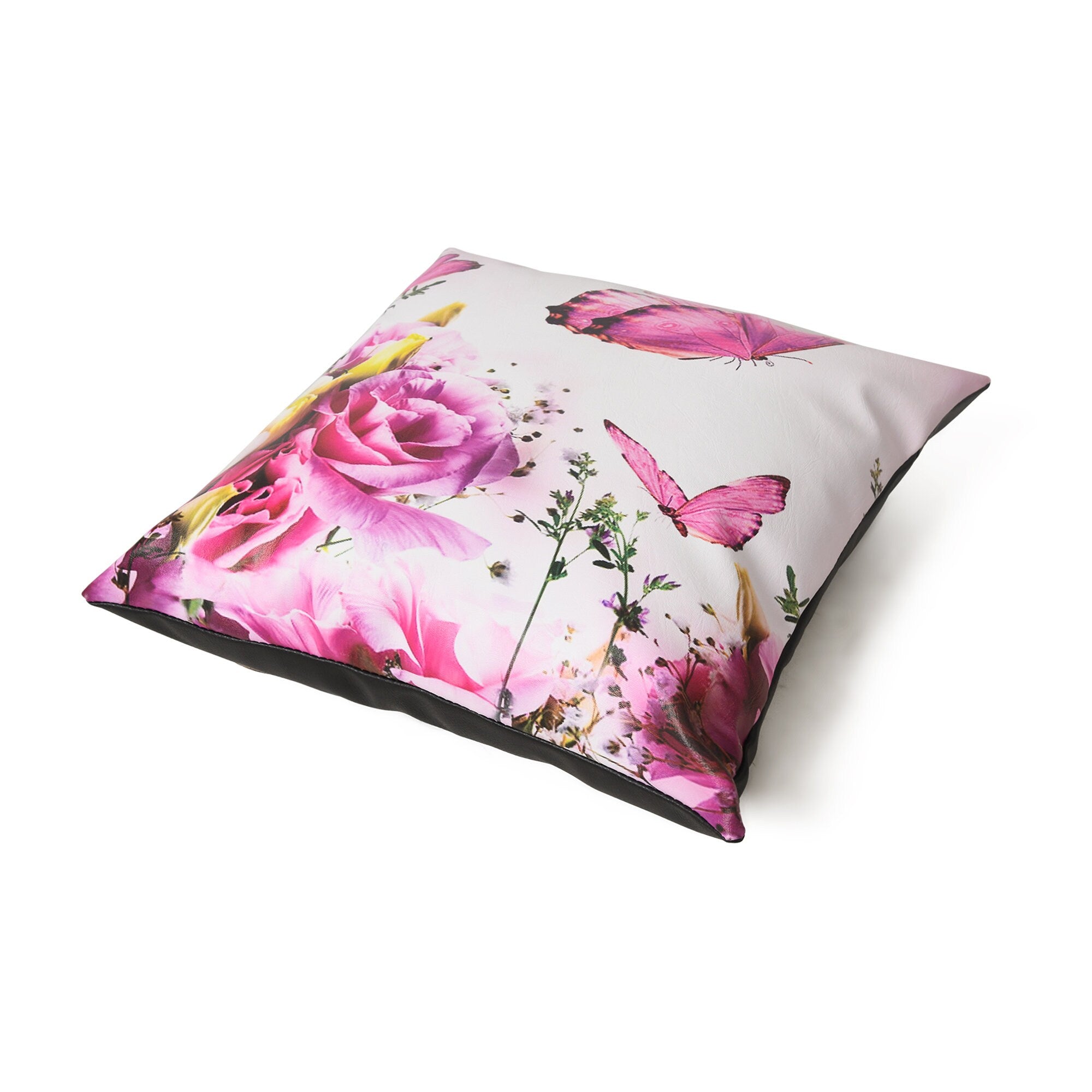 MOUSM Faux Leather Cushion Cover – 18x18 Inches Pink Floral & Butterfly Print – Zen-Inspired Decorative Throw Pillow Case for Sofa, Bed, or Car – Luxury Square Pillow Cover