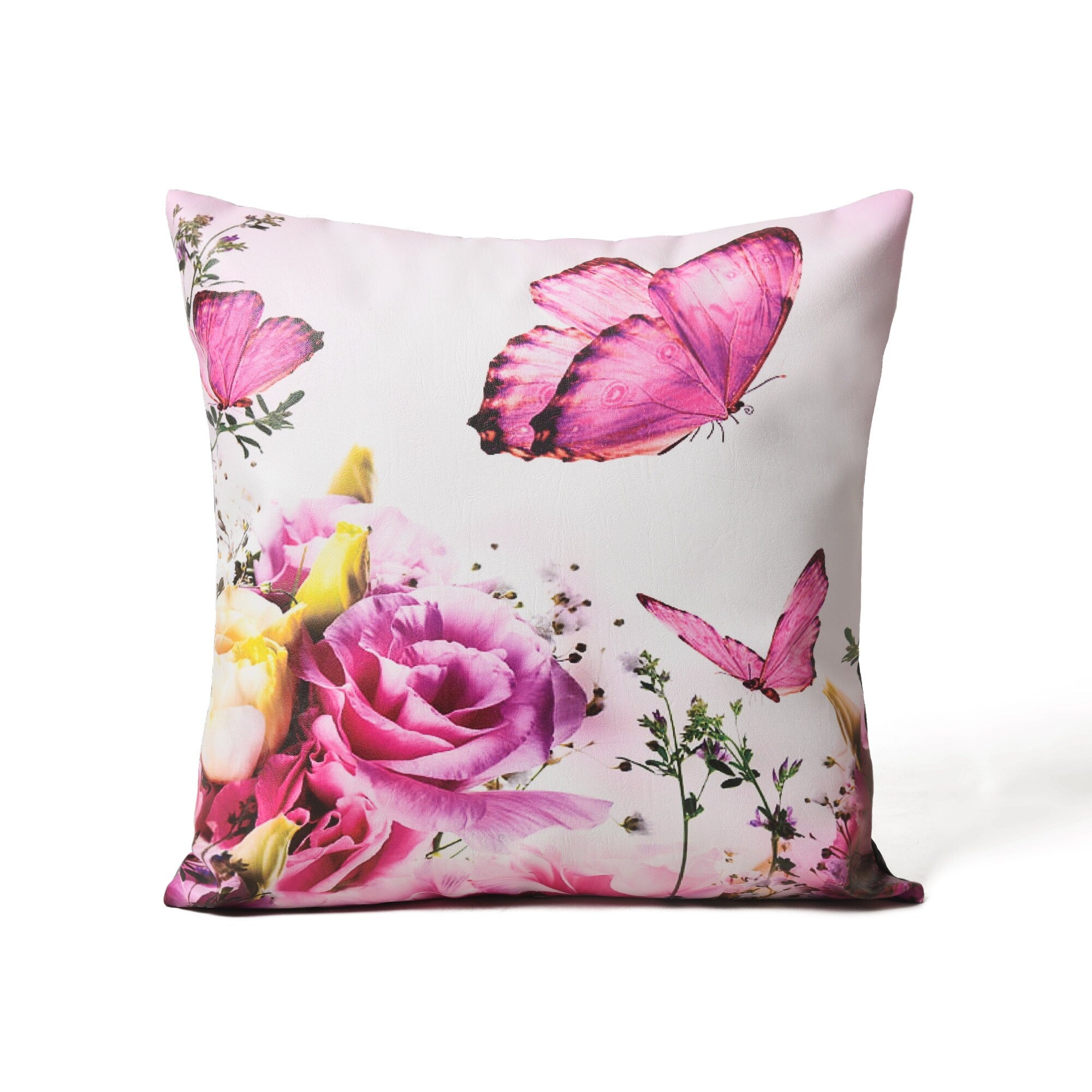 MOUSM Faux Leather Cushion Cover – 18x18 Inches Pink Floral & Butterfly Print – Zen-Inspired Decorative Throw Pillow Case for Sofa, Bed, or Car – Luxury Square Pillow Cover