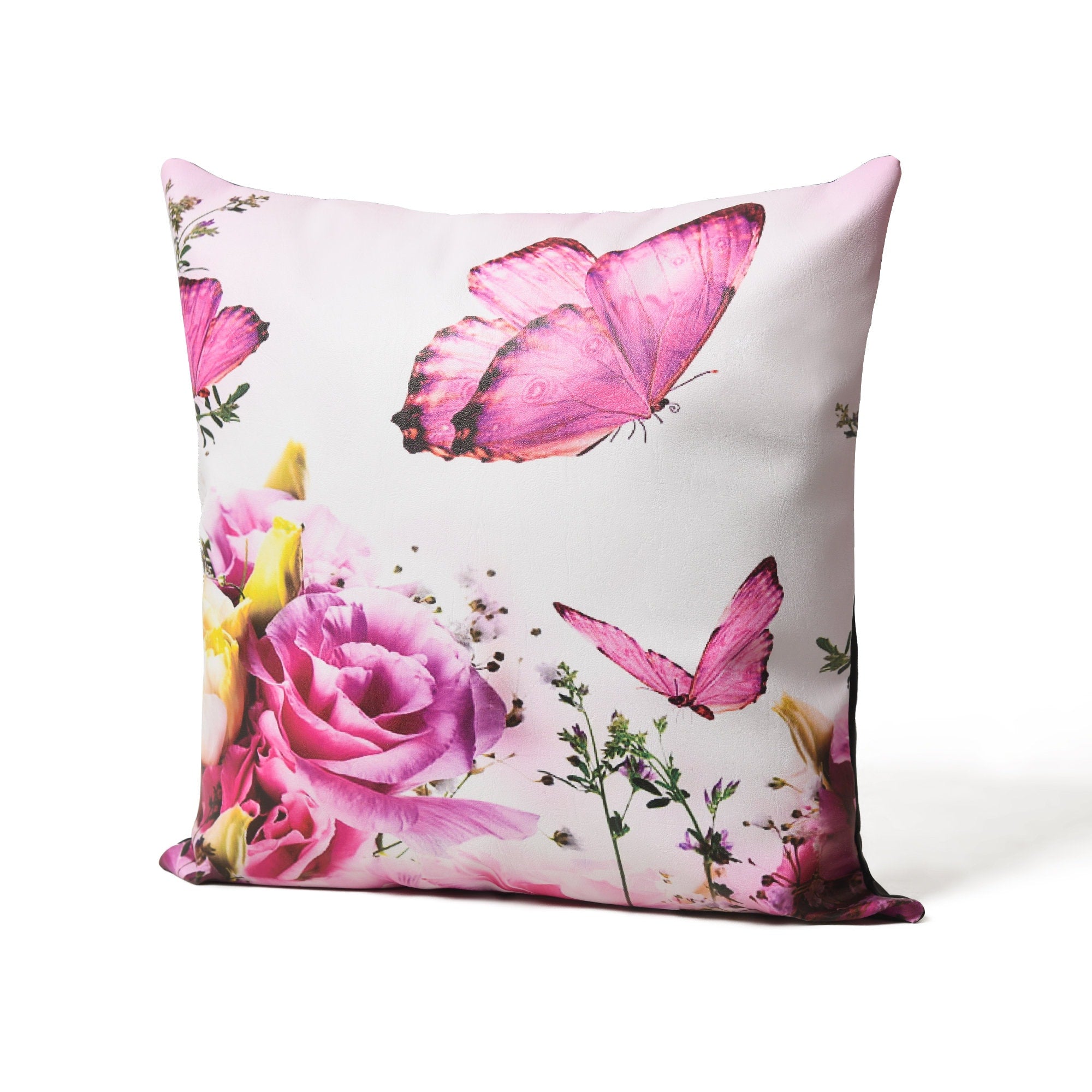 MOUSM Faux Leather Cushion Cover – 18x18 Inches Pink Floral & Butterfly Print – Zen-Inspired Decorative Throw Pillow Case for Sofa, Bed, or Car – Luxury Square Pillow Cover