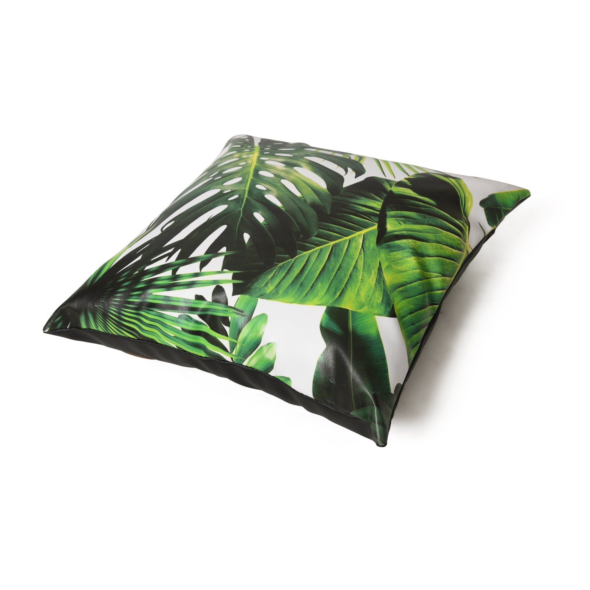 MOUSM Faux Leather Cushion Cover – 18x18 Inches Green Tropical Palm Leaf Print – Decorative Throw Pillowcase for Living Room, Patio, or Bedroom – Exotic Plant-Themed Home Accent