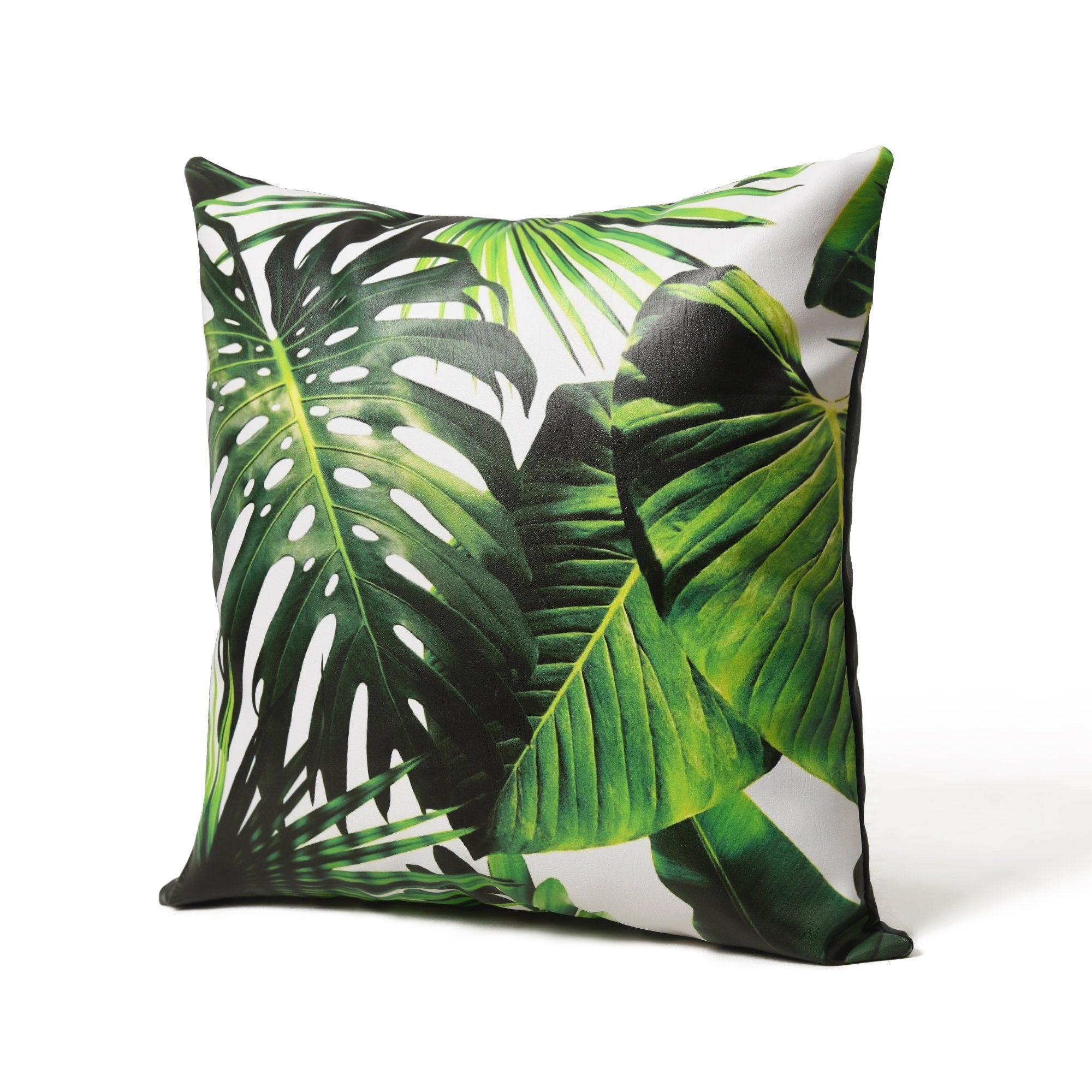 MOUSM Faux Leather Cushion Cover – 18x18 Inches Green Tropical Palm Leaf Print – Decorative Throw Pillowcase for Living Room, Patio, or Bedroom – Exotic Plant-Themed Home Accent