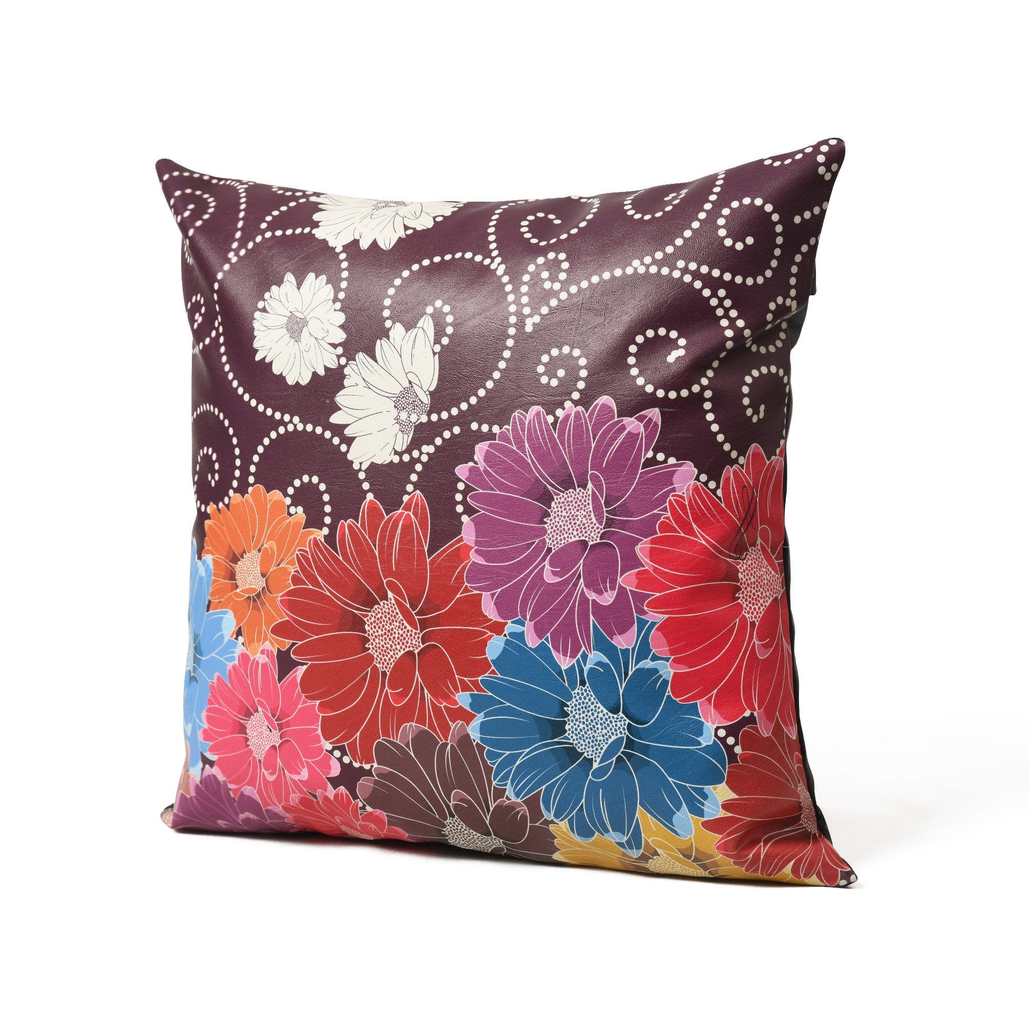 MOUSM Faux Leather Cushion Cover - 18x18 Inches Square Throw Pillowcase, Cushion Cover with Multi-Color Flower Print for Sofa, Couch, Bed, Office & Living Room Décor