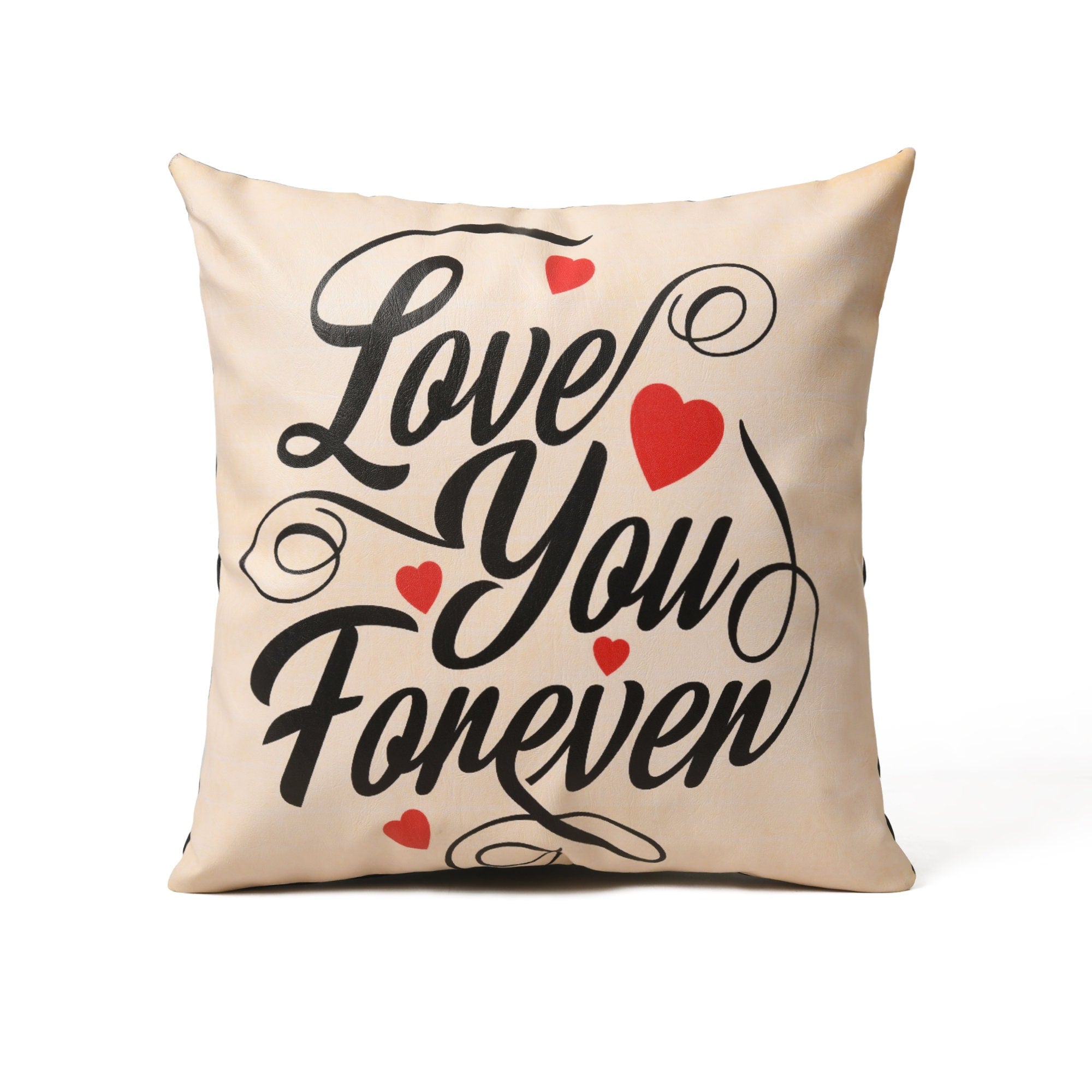 MOUSM Faux Leather Cushion Cover - 18x18 inches Square Throw Pillowcase, Love You Forever Printed Romantic Square Throw Pillow Cover for Couch, Sofa, Bed & Gifting