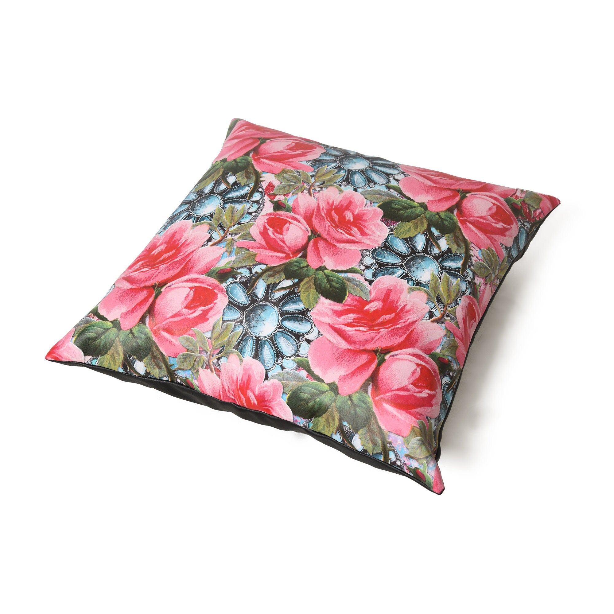 MOUSM Faux Leather Cushion Cover – 18x18 Inches Square Throw Pillowcase, Blooming Pink Roses with Green Leaves Print Decorative Pillow Cover for Sofa, Couch, Bedroom & Gifting