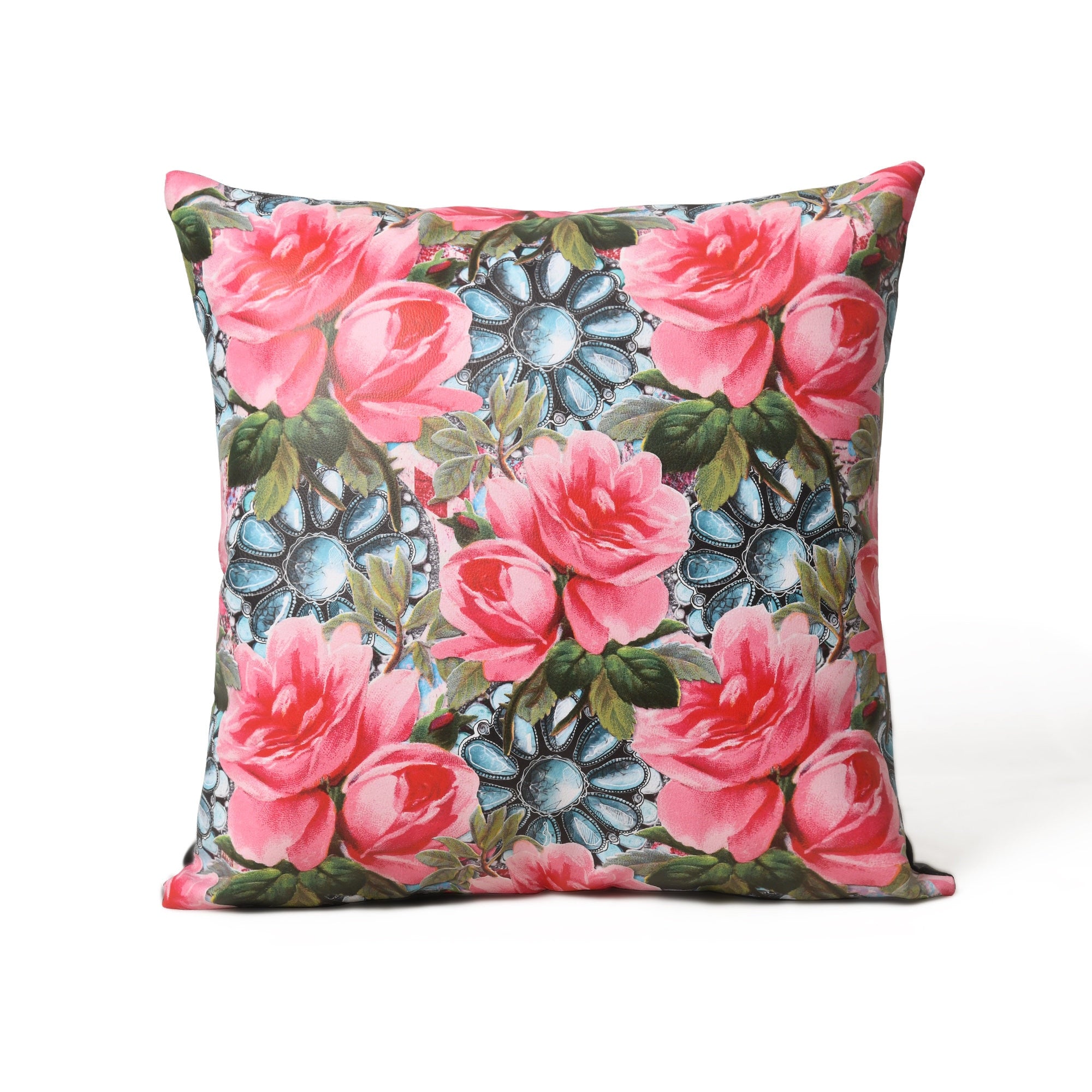 MOUSM Faux Leather Cushion Cover – 18x18 Inches Square Throw Pillowcase, Blooming Pink Roses with Green Leaves Print Decorative Pillow Cover for Sofa, Couch, Bedroom & Gifting