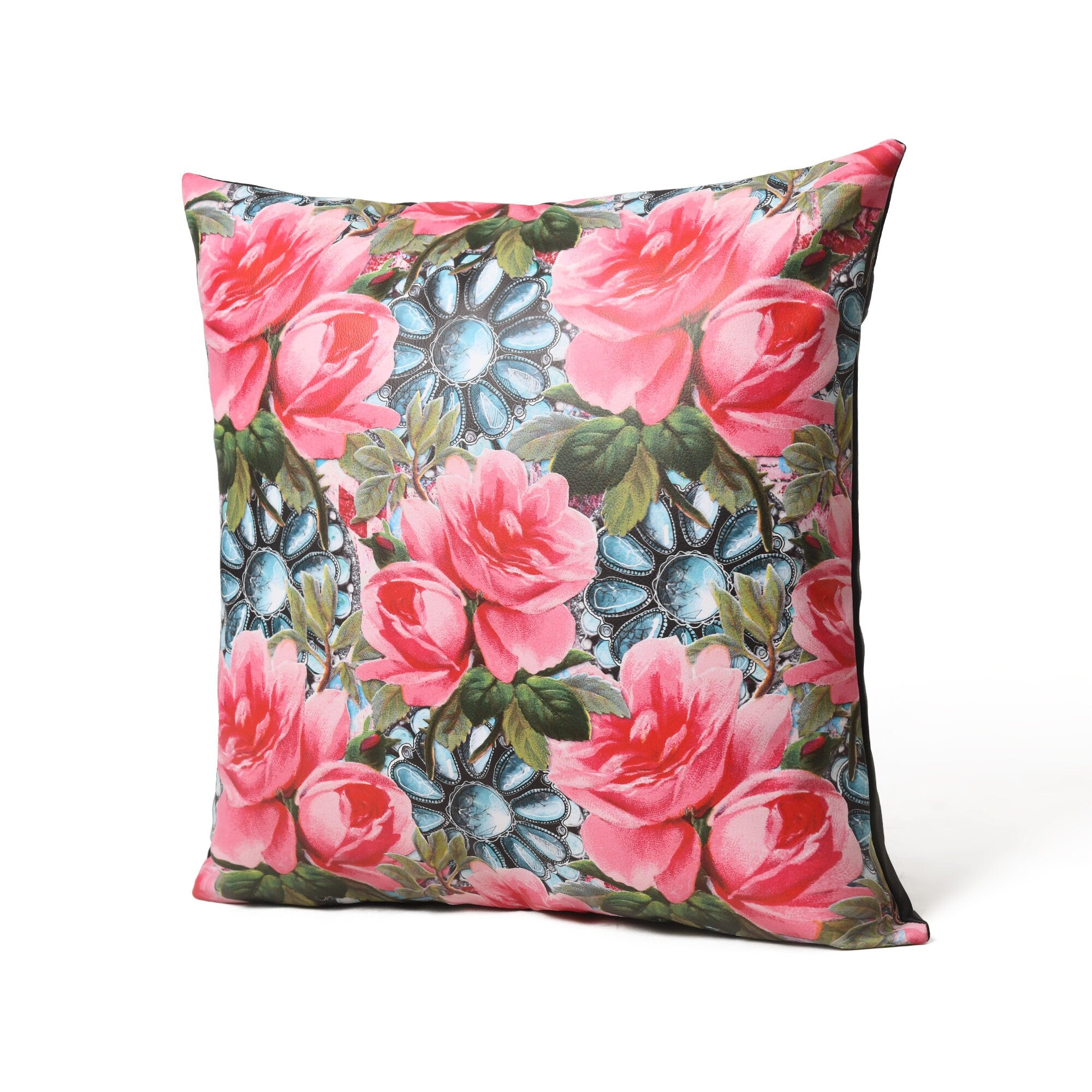 MOUSM Faux Leather Cushion Cover – 18x18 Inches Square Throw Pillowcase, Blooming Pink Roses with Green Leaves Print Decorative Pillow Cover for Sofa, Couch, Bedroom & Gifting