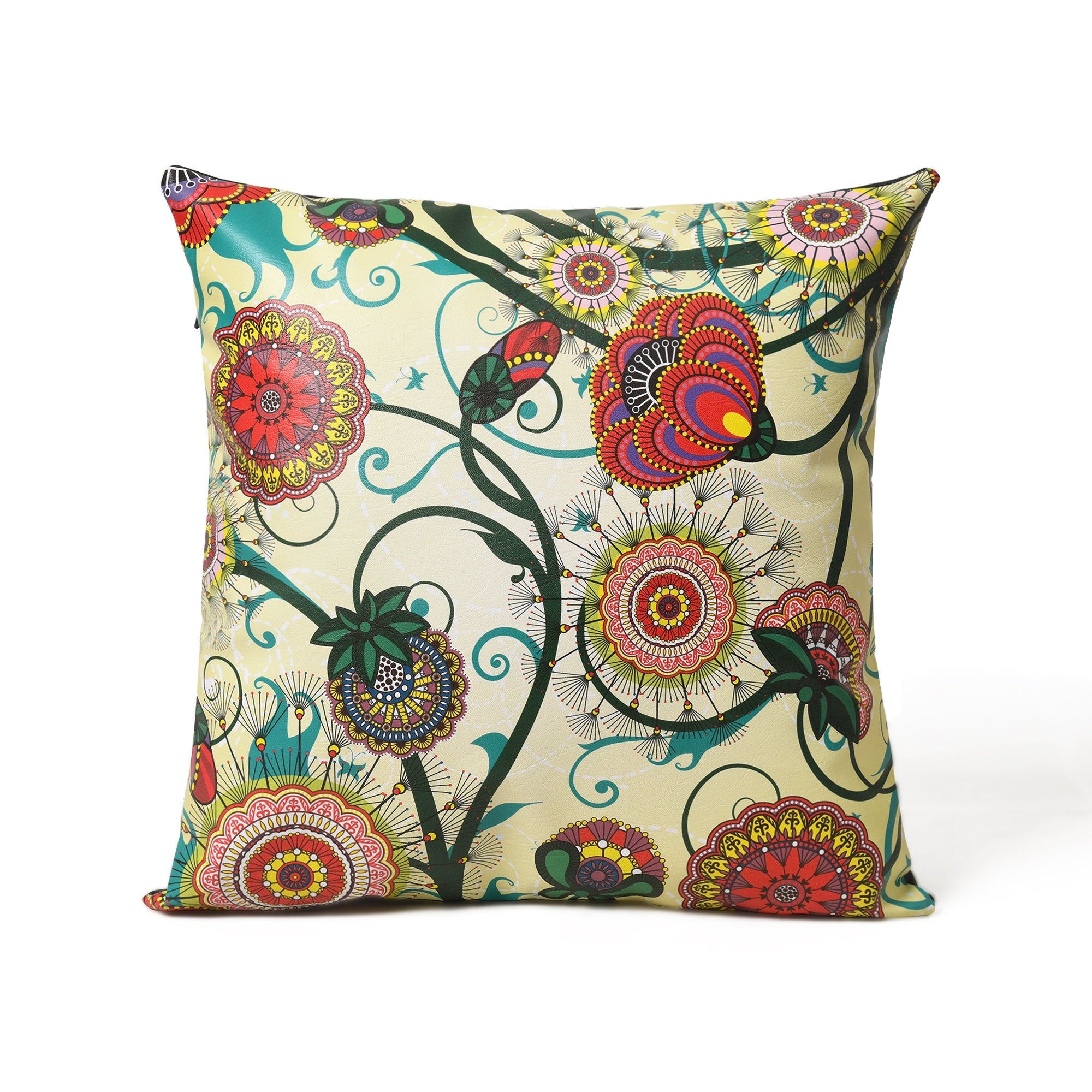 MOUSM Faux Leather Cushion Cover – 18x18 Inches Square Throw Pillowcase, Abstract Art with Mandala & Royal Buds Print Boho Decorative Pillow Cover for Sofa, Couch, Bedroom & Positive Vibes Décor