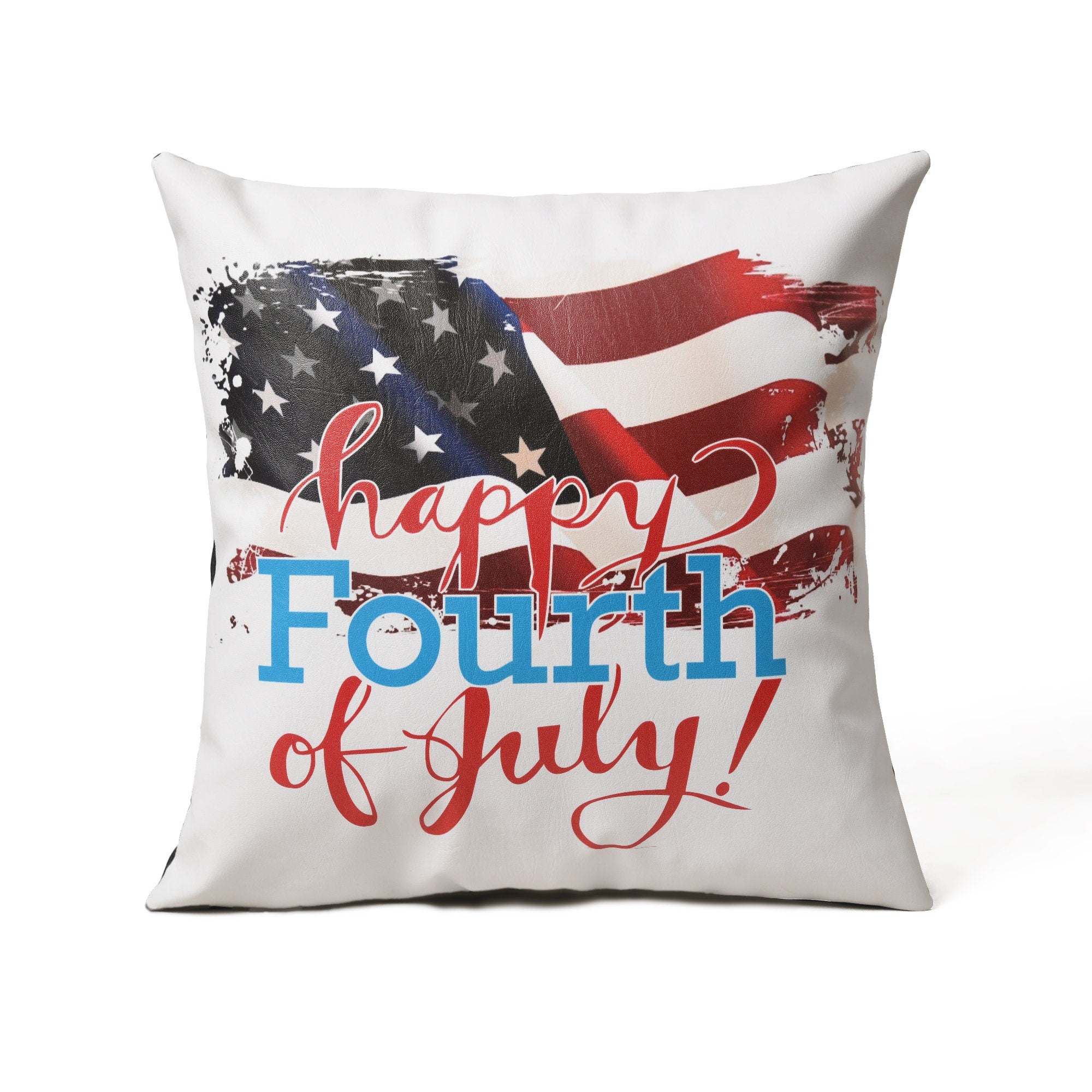 MOUSM Faux Leather Cushion Cover – 18x18 Inches Square Throw Pillowcase, Abstract American Flag Paintbrush Stripes Print Decorative Pillow Cover for Couch, Sofa, Bedroom & Patriotic Gifting