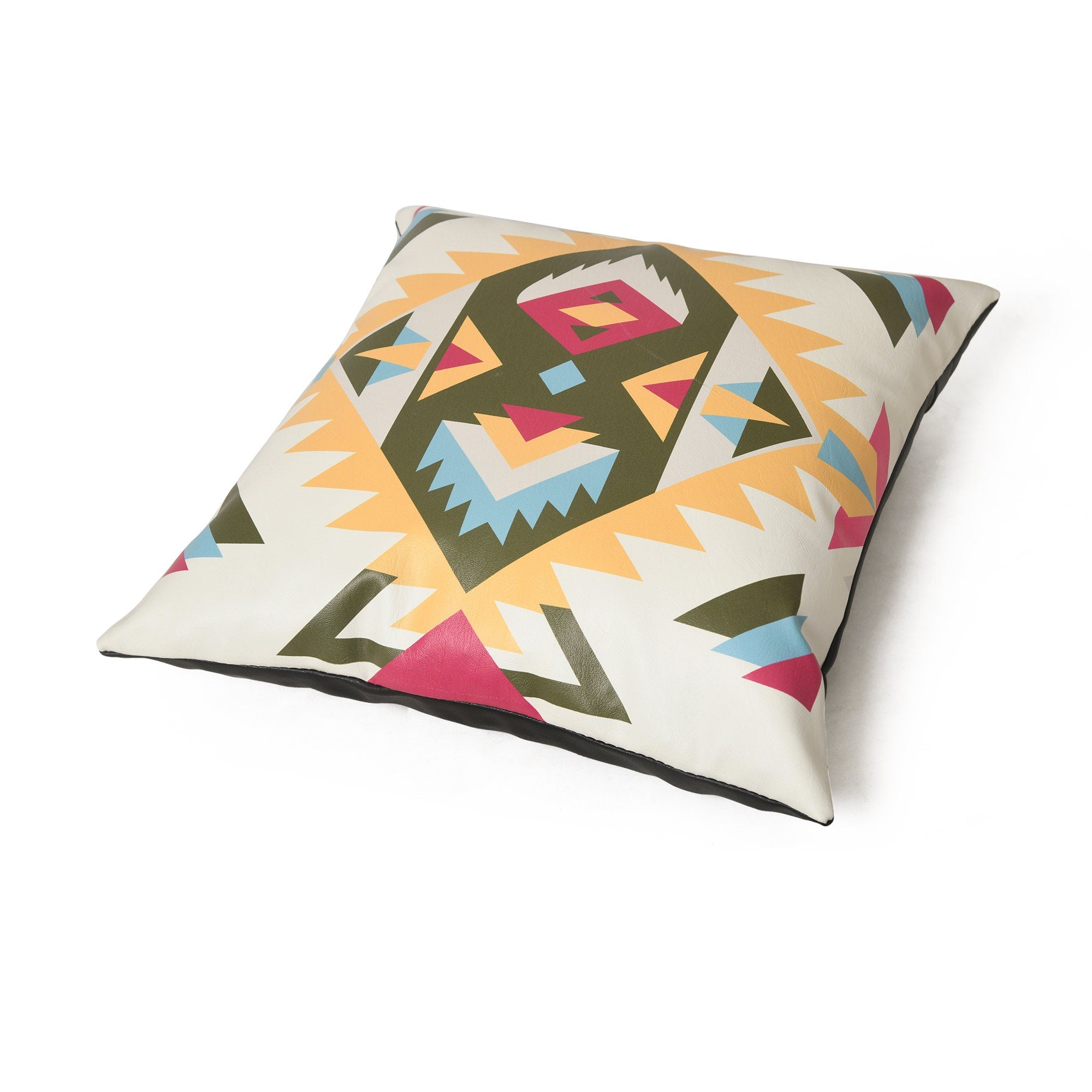 MOUSM Faux Leather Cushion Cover – 18x18 Inches Square Throw Pillowcase, Leather Royal Pendleton Fabric Print Rug Style Decorative Pillow Cover for Couch, Sofa, Bedroom & Gifting