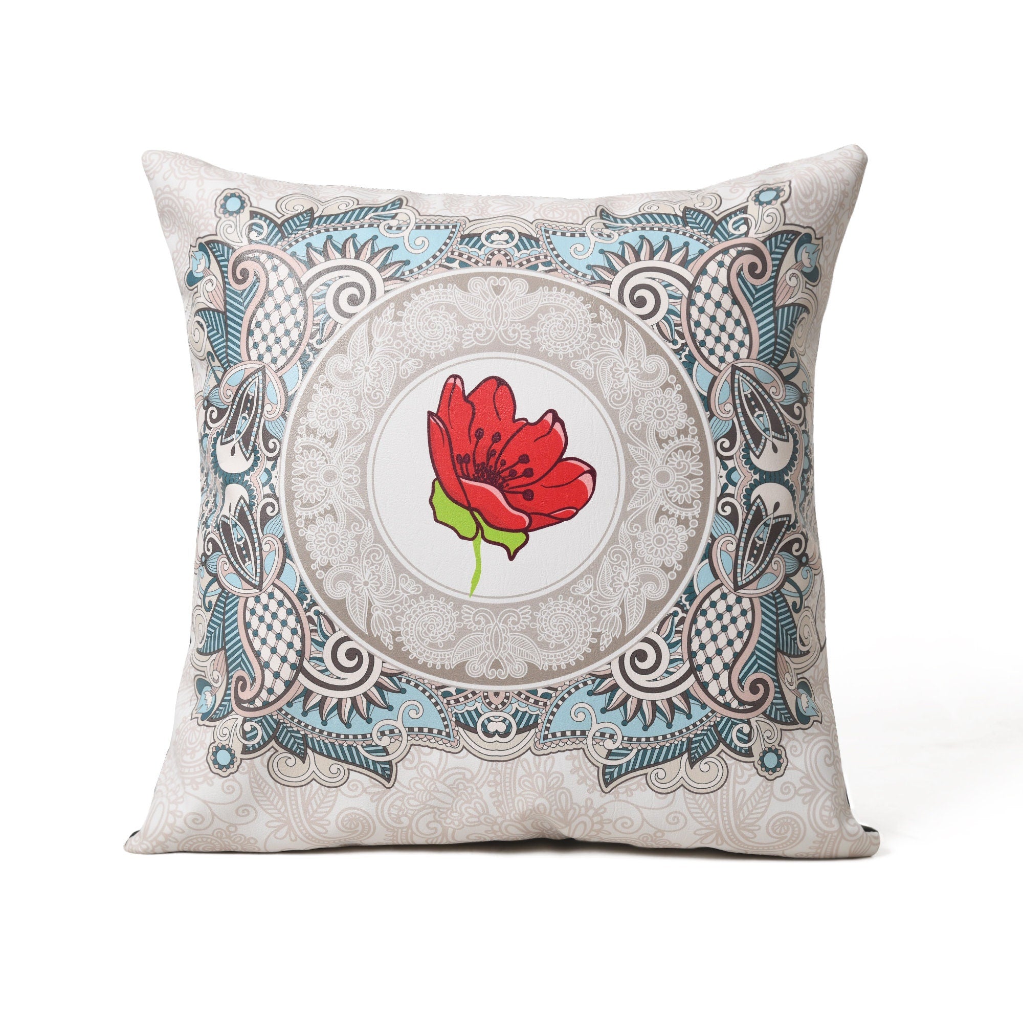 MOUSM Faux Leather Cushion Cover – 18x18 Inches Square Throw Pillowcase, Royal Red Luck Blossom Flower in Centre Print Decorative Pillow Cover for Sofa, Couch, Bed & Festive Gifting