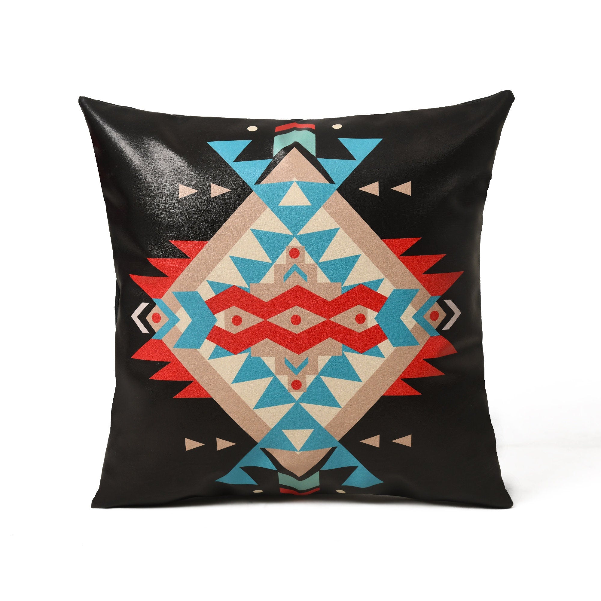 MOUSM Faux Leather Cushion Cover – 18x18 Inches Square Throw Pillowcase, Dark Party Pendleton Rug Design Print Decorative Pillow for Sofa, Couch, Farmhouse & Boho Interiors