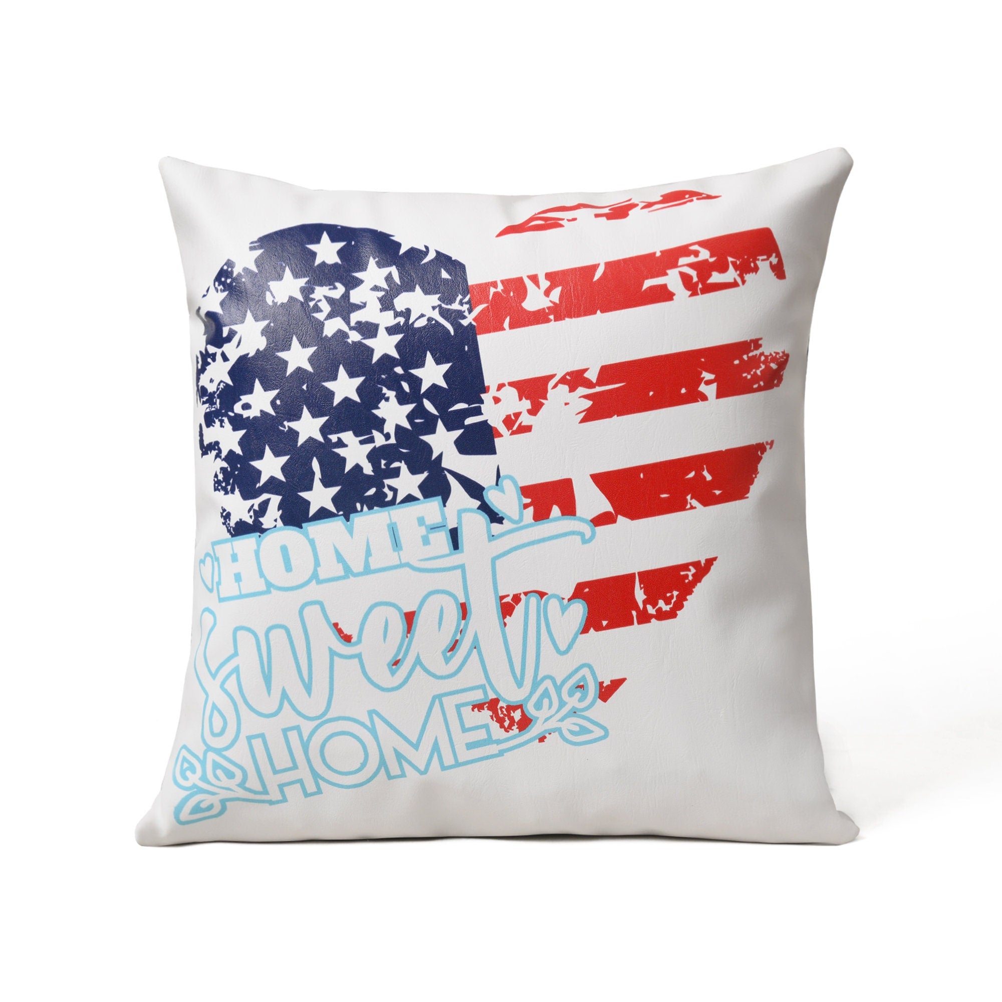 MOUSM Faux Leather Cushion Cover – 18x18 Inches Square Throw Pillowcase, Heart Shape American Flag & Home Sweet Home Print Decorative Pillow Cover for Couch, Sofa, Car, Home & 4th of July Celebration