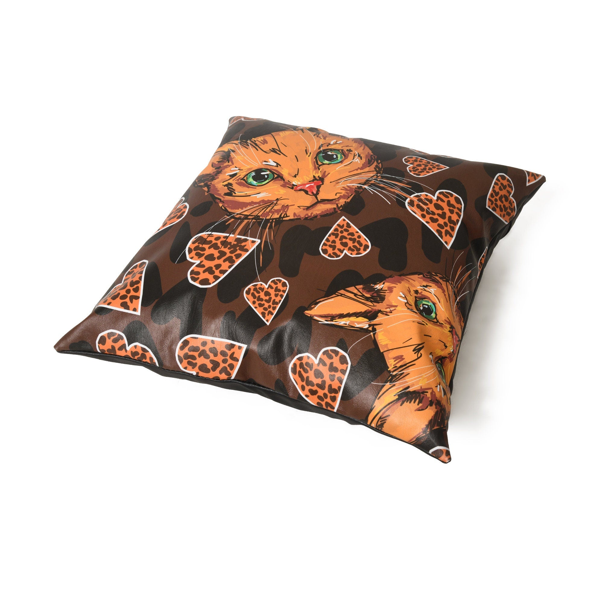 MOUSM Faux Leather Cushion Cover – 18x18 Inches Square Throw Pillowcase, Orange Abstract Cat & Heart Love Vibes Print Decorative Pillow Cover for Couch, Sofa, Pet Corners & Fall Gifting