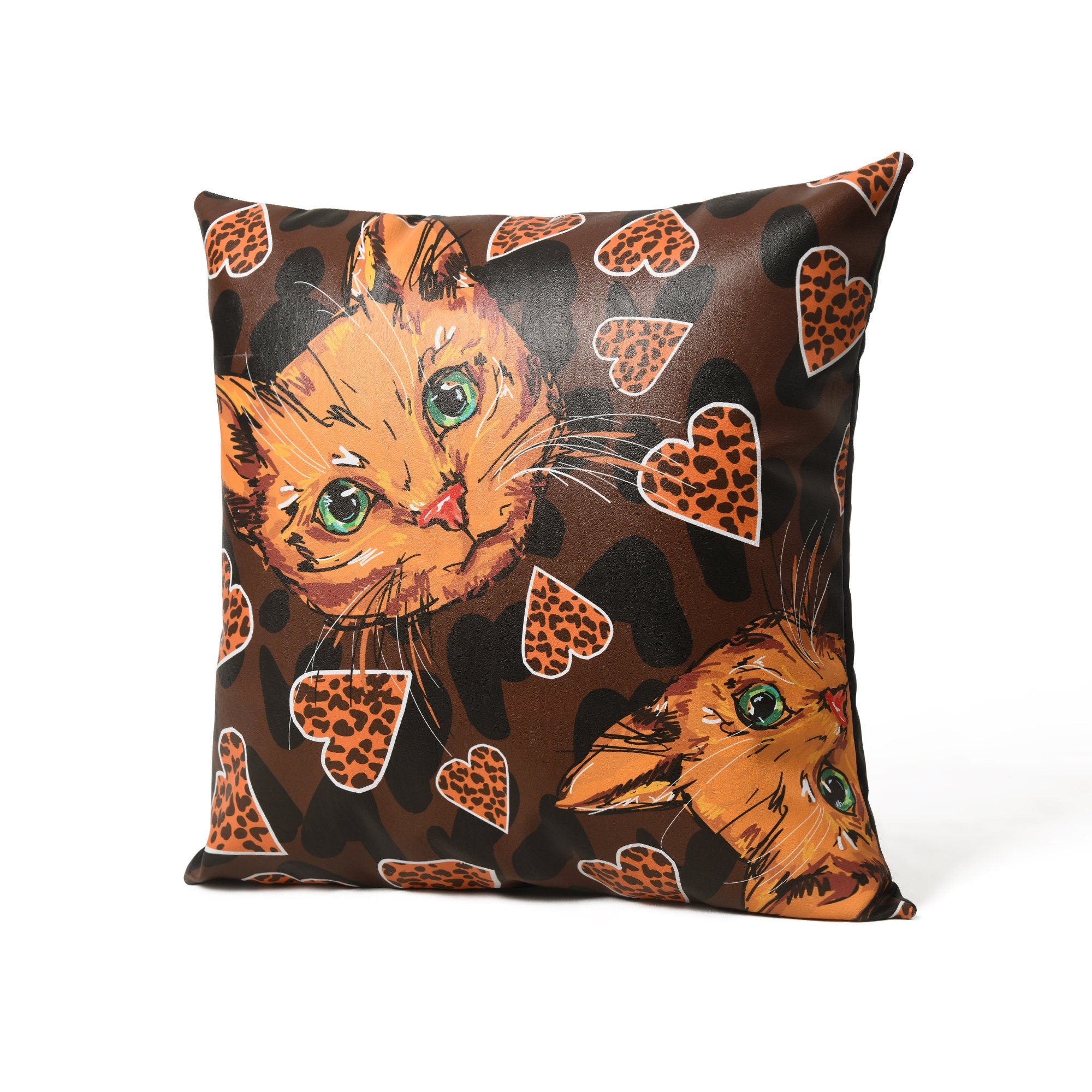 MOUSM Faux Leather Cushion Cover – 18x18 Inches Square Throw Pillowcase, Orange Abstract Cat & Heart Love Vibes Print Decorative Pillow Cover for Couch, Sofa, Pet Corners & Fall Gifting