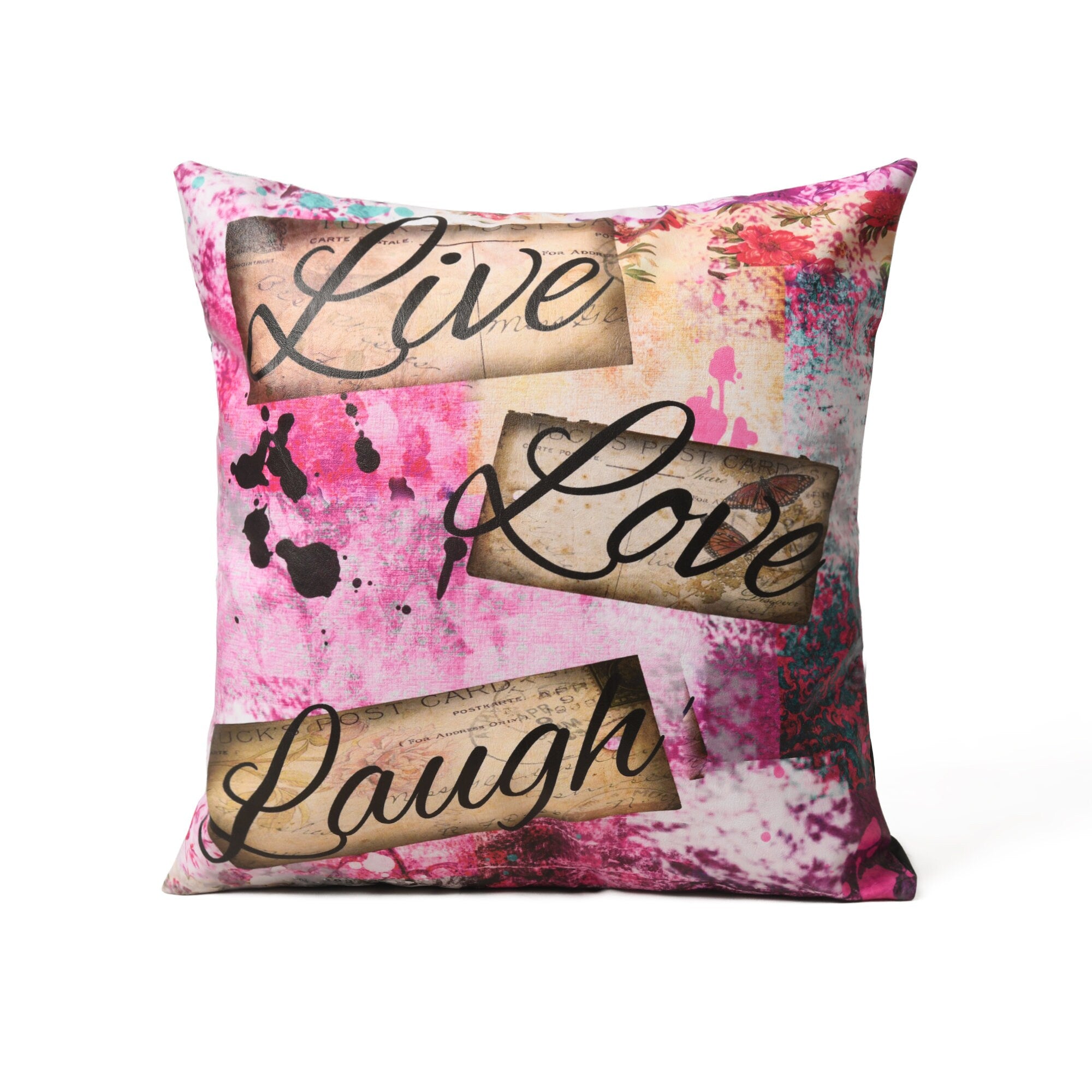 MOUSM Faux Leather Cushion Cover – 18x18 Inches Pink Live Laugh Love Print Square Throw Pillowcase, Decorative Cushion Cover for Wedding, Anniversary, Housewarming & Home Décor Gifting
